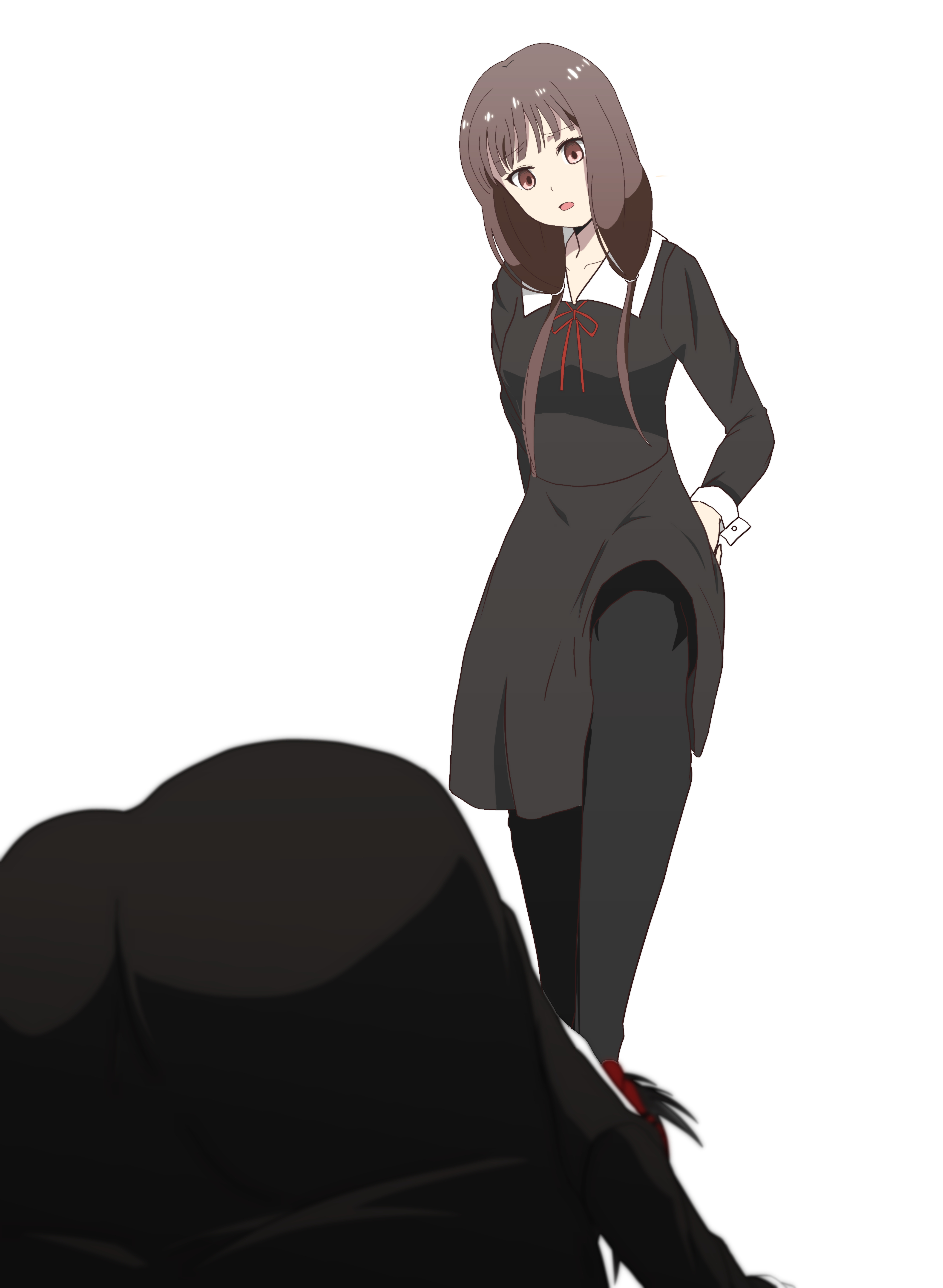 2girls, amber eyes, black hair, bow, bowing, brown hair, cuffs (clothing), degradation, disappointed, feet, female, femdom, femsub, foot fetish, foot focus, footwear, head down ass up, iino miko, kaguya-sama wa kokurasetai ~tensai-tachi no renai zunousen~, on hands and knees, pushing down, ribbon, school uniform, schoolgirl, shinomiya kaguya, stepped on, stockings, submissive, tilting head, uncaring, white background, ze r0 ze r0