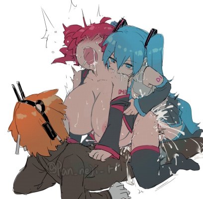1boy, 1girls, 2futas, 2girls, a.i. voice, adachi rei, anal, android, android girl, aqua eyes, aqua hair, aqua necktie, arm tattoo, bare shoulders, bisexual female, biting, biting shoulder, black jacket, black sleeves, black sweater, black thighhighs, blue eyes, blue hair, blush, breasts, censor bar, censored, censored penis, collarbone, collared shirt, cowgirl position, crossover, cum, cum in pussy, cum inside, detached sleeves, double penetration, drill hair, drooling, ejaculation, excessive cum, female, fff threesome, ffm threesome, futa on female, futa with female, futanari, grey shirt, grey skirt, group sex, hatsune miku, headlamp, headphones, headset, hetero, hickey, huge breasts, intersex, jacket, kasane teto, large breasts, long hair, multiple girls, necktie, nejikyuu, nipples, one side up, open jacket, open mouth, orange hair, penis, pleated skirt, pussy, radio antenna, red hair, red trim, ribbon, robot, saliva, sex, shirt, short hair, simple background, skirt, sleeveless shirt, straddling, sweater, tattoo, thighhighs, threesome, twin drills, twintails, utau, vaginal penetration, vaginal sex, vocaloid, white background, white gloves, white ribbon