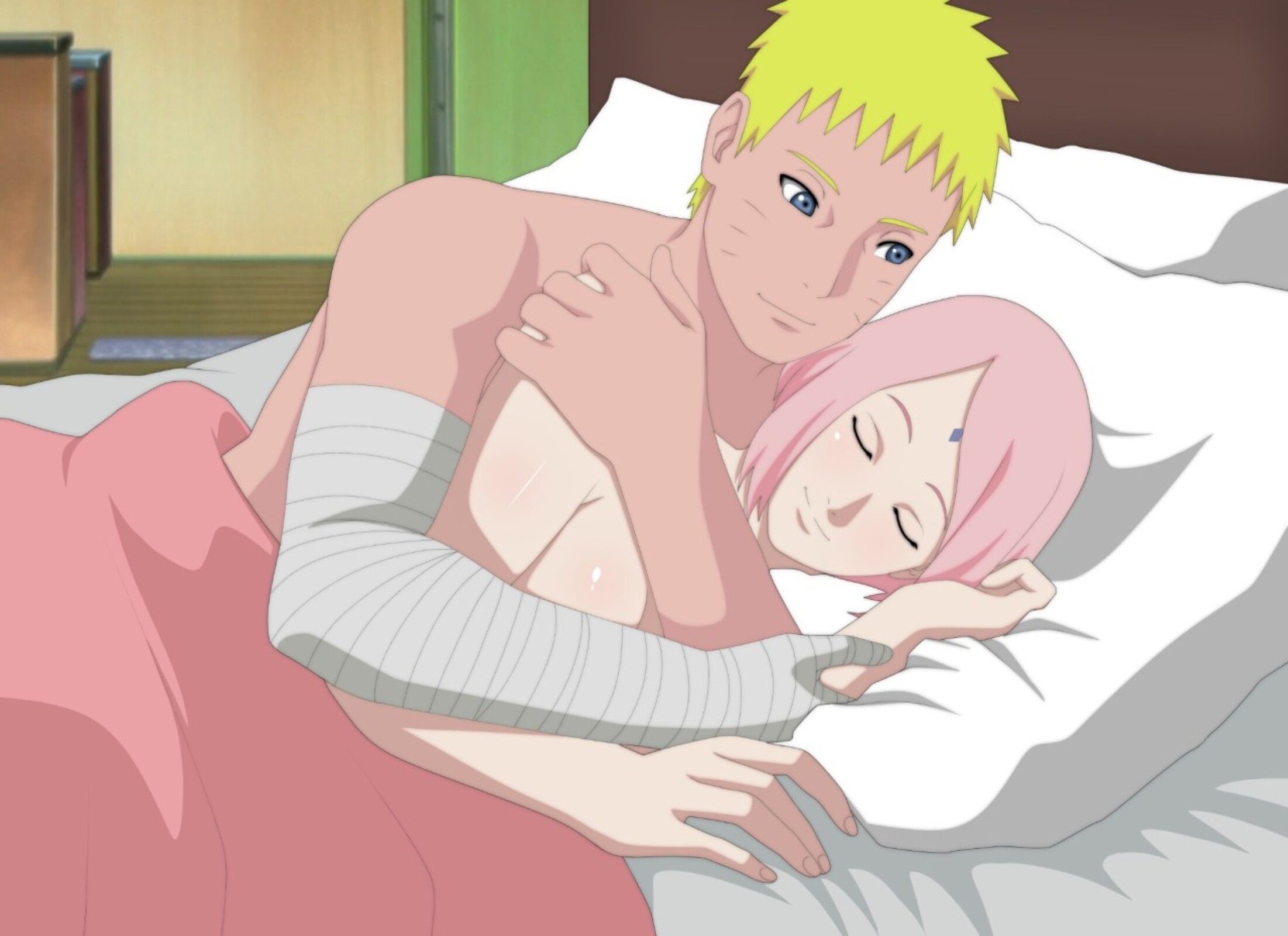 1boy, 1girls, after sex, bandaged arm, bandages, bed sheet, blue eyes, blush, boruto: naruto next generations, breasts, cheating, cheating husband, cheating wife, completely nude, couple, cuddling, duo, embracing, eroticgeek2, female, happy, happy female, hug, hugging, hugging from behind, indoors, lying on bed, male, male/female, naked, naruto, naruto (series), nude, pillow, pink hair, romantic, romantic couple, sakura haruno, short hair, smile, spooning, under covers, uzumaki naruto, wholesome, yellow hair