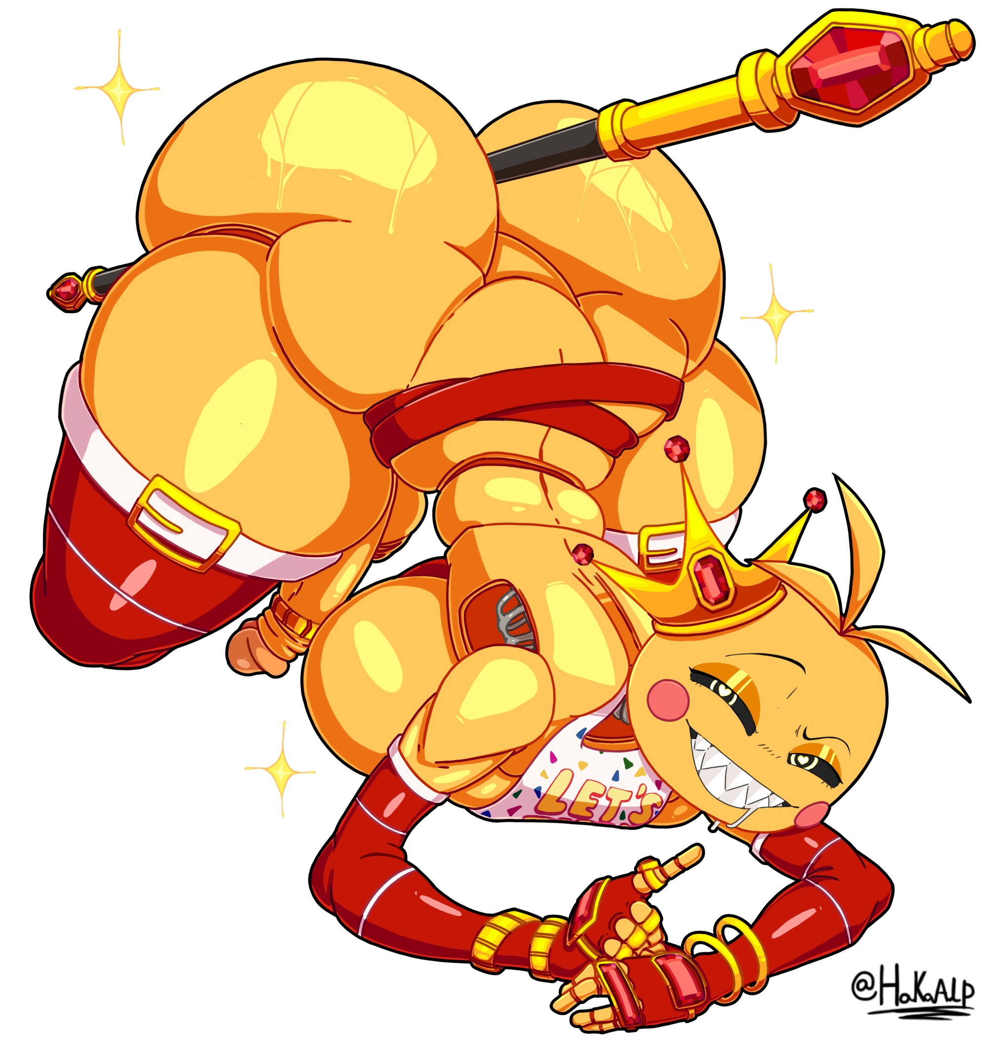 1futa, animatronic, animatronic female, chicken, chicken girl, crown, five nights at freddy's, five nights at freddy's 2, fnaf, futanari, gems, gemstones, hakasitoalp, object between ass, penis, robot, robot girl, scottgames, solo, staff, staff between ass, toy chica (fnaf)