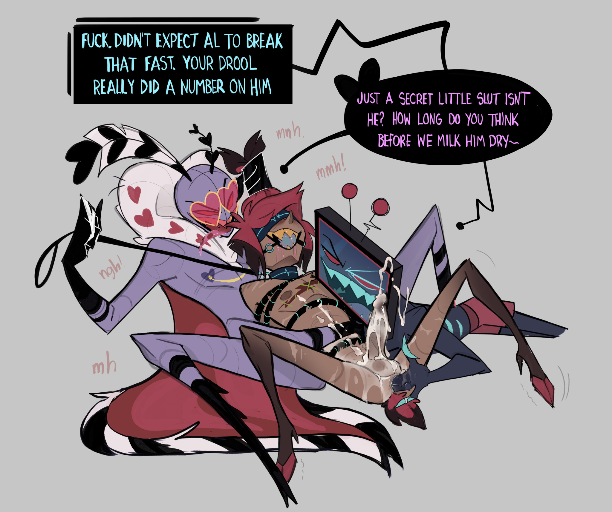 3boys, alastor (hazbin hotel), anal fingering, ball gag, blindfold, bondage, collar, craxkers, cum, cumming, demon, dialogue, dubious consent, excessive cum, gag, gagged, gay, gay threesome, hazbin hotel, hellaverse, large penis, leash, leash and collar, leash pull, lot of cum, male, male only, milking, mmm threesome, overstimulation, penis, pulling hair, slave, threesome, tv head, valentino (hazbin hotel), vox (hazbin hotel), yaoi