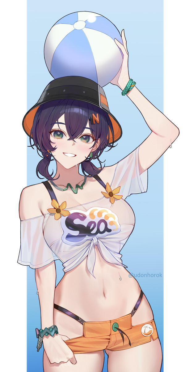 1girls, arm up, belle (summer skies) (zenless zone zero), belle (zenless zone zero), big breasts, bikini, bikini bottom under shorts, bikini top under shirt, bikini under clothes, blue hair, blush, bracelet, breasts, bucket hat, crop top, crossed bangs, female, female only, green eyes, hair between eyes, hair ornament, hat, highres, jewelry, letter hair ornament, looking at viewer, navel, off shoulder, off-shoulder shirt, official alternate costume, open mouth, orange bikini, orange shorts, see-through clothes, see-through shirt, shirt, short hair, short shorts, short twintails, shorts, smile, solo, swimsuit, tied shirt, twintails, udonhorok, white shirt, zenless zone zero