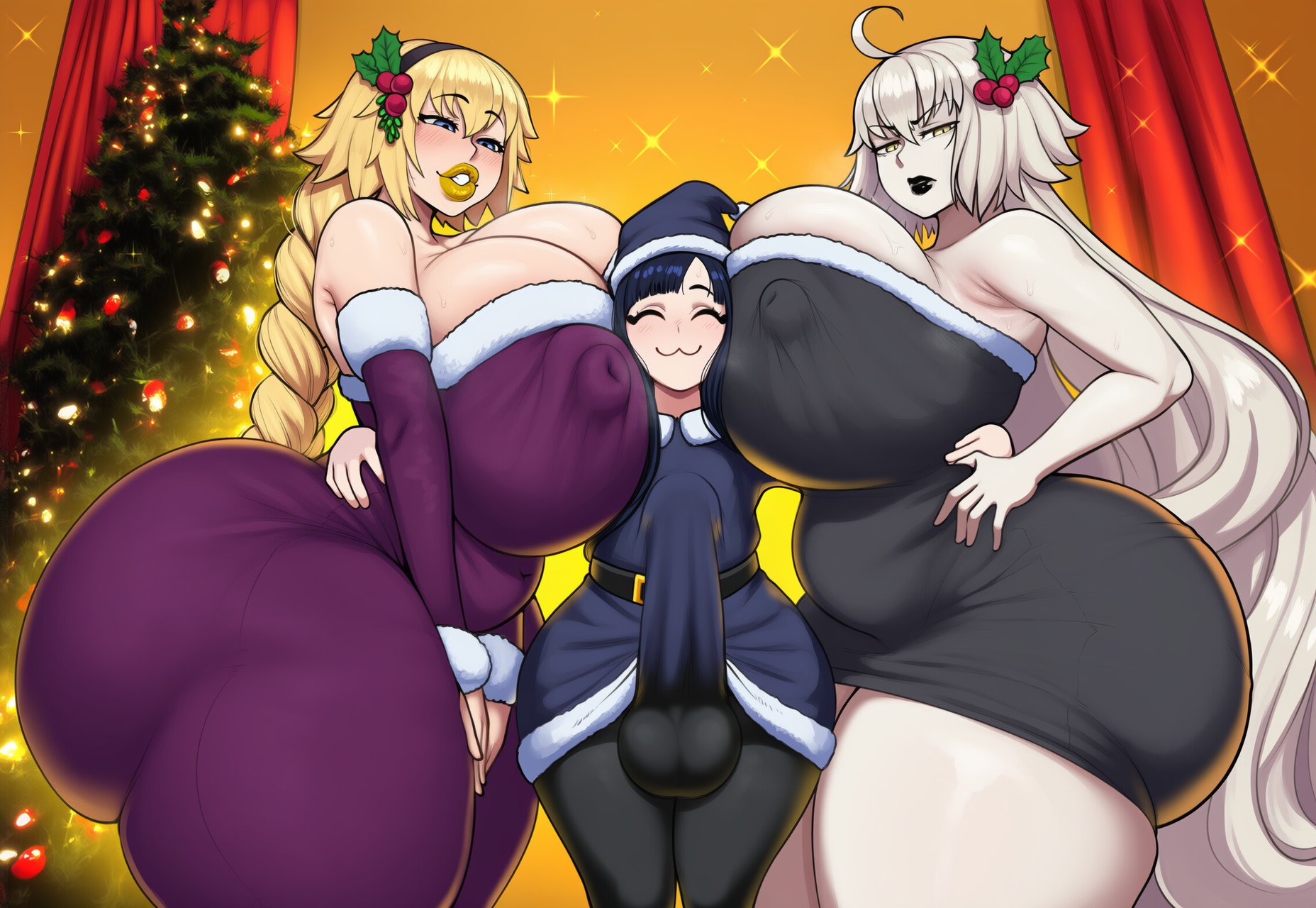 :3, 1futa, 2d, 3girls, ahoge, ai generated, ass, balls, big ass, big balls, big breasts, big butt, big cock, big nipples, big penis, big testicles, big thighs, black lips, bleach, blonde hair, blue eyes, braid, breasts, bubble butt, bulge, christmas, christmas tree, closed eyes, cock, covered nipples, covered penis, curvy, dress, erection, erection under clothes, fate (series), fate/grand order, female, flat chest, flat chested, fur trim, futa with female, futa/female, futanari, gigantic breasts, gigigens, girl sandwich, giselle gewelle, hat, huge ass, huge balls, huge breasts, huge butt, huge cock, huge testicles, huge thighs, jeanne d'arc (fate), jeanne d'arc alter (fate), large ass, large balls, large breasts, large butt, large cock, large nipples, large penis, large testicles, large thighs, long braid, long hair, massive ass, massive breasts, massive butt, massive cock, massive penis, multiple girls, nipple bulge, nipples, nipples visible through clothing, pale skin, pantyhose, penis, puffy nipples, sandwiched, santa costume, testicles, thick ass, thick butt, thick cock, thick penis, thick thighs, thighs, very long hair, white hair, wide hips, yellow eyes