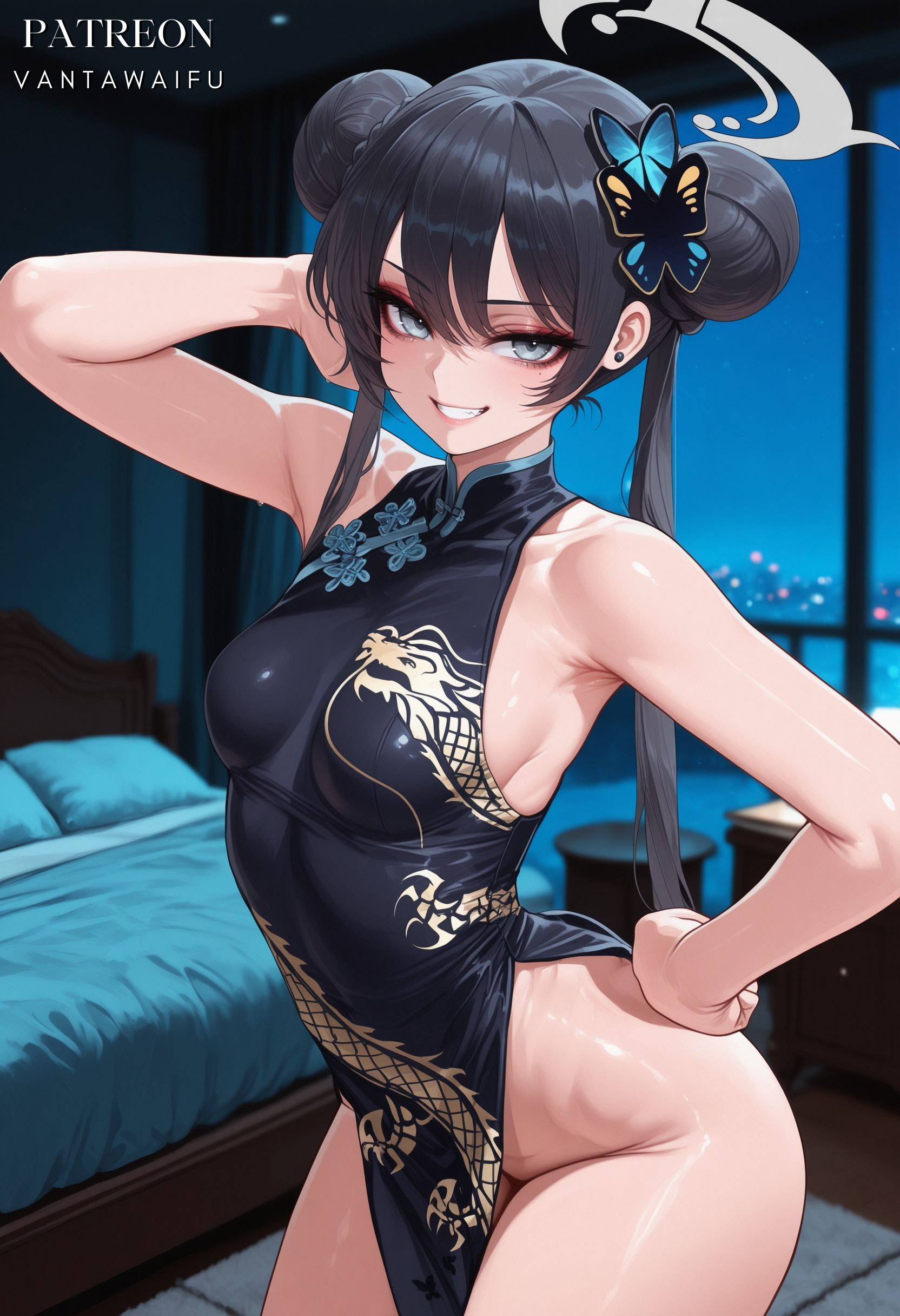 ai generated, arm up, armpits, artist name, ass, bare arms, bare shoulders, bed, black dress, black hair, blue archive, breasts, butterfly hair ornament, china dress, chinese clothes, clothing, cowboy shot, double bun, dragon print, dress, earrings, female, grey eyes, grey halo, grin, hair bun, hair ornament, halo, hand on own hip, indoors, kisaki (blue archive), long hair, looking at viewer, medium breasts, no panties, patreon username, pelvic curtain, print dress, side slit, sleeveless, sleeveless dress, small breasts, smile, solo, thighs, twintails, vantawaifu, web address