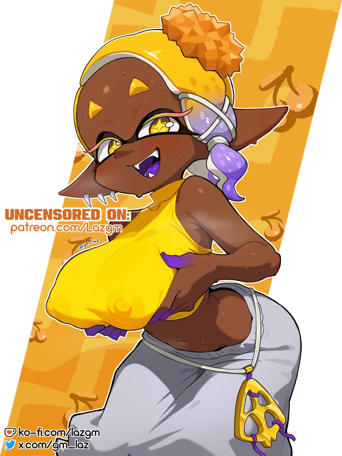 1girls, blonde hair, breast lift, breasts, colored eyelashes, colored fingertips, colored tongue, covered erect nipples, crop top, dark skin, dark-skinned female, earrings, fangs, frye (splatoon), harem pants, highres, inkling, jewelry, large breasts, laz gm, long pointy ears, midriff, multiple earrings, navel, nintendo, open mouth, pants, patreon username, pointy breasts, pointy ears, purple tongue, short eyebrows, splatoon, splatoon (series), splatoon 3, steam, sweat, tentacle hair, tooth earrings, yellow eyes
