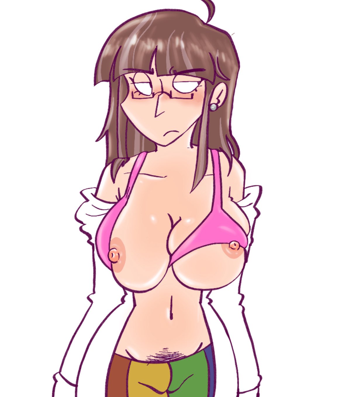 big breasts, bra, bra lift, bra pull, breasts, cizzypop, dandy's world, dandys world, delilah keen (dandy's world), multicolored clothing, multicolored pants, navel, nipples, pink bra, roblox, tight bra