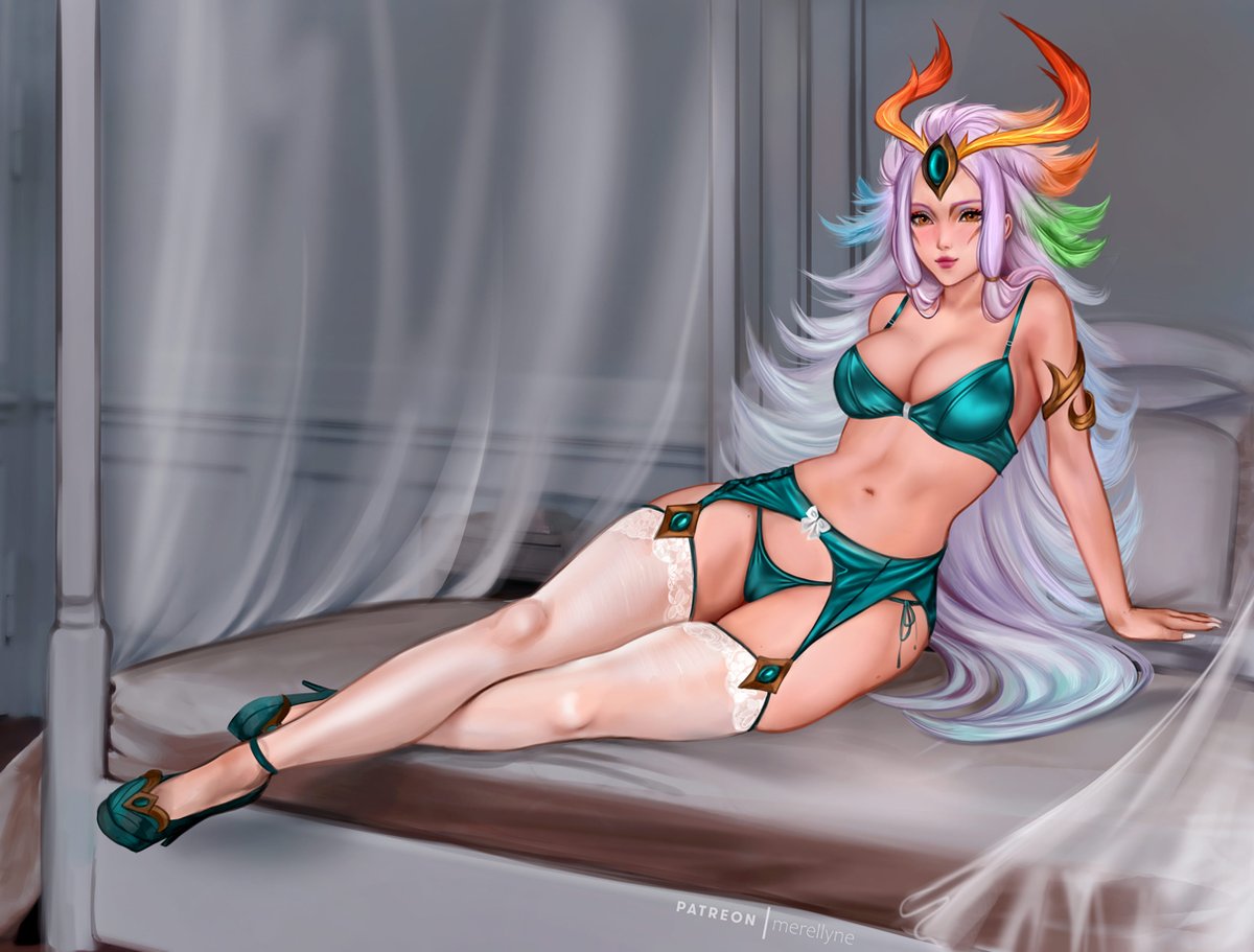 anivia big_breasts divine_phoenix_anivia dragonmancers_series garter_belt humanized league_of_legends lingerie merellyne stockings thick_thighs