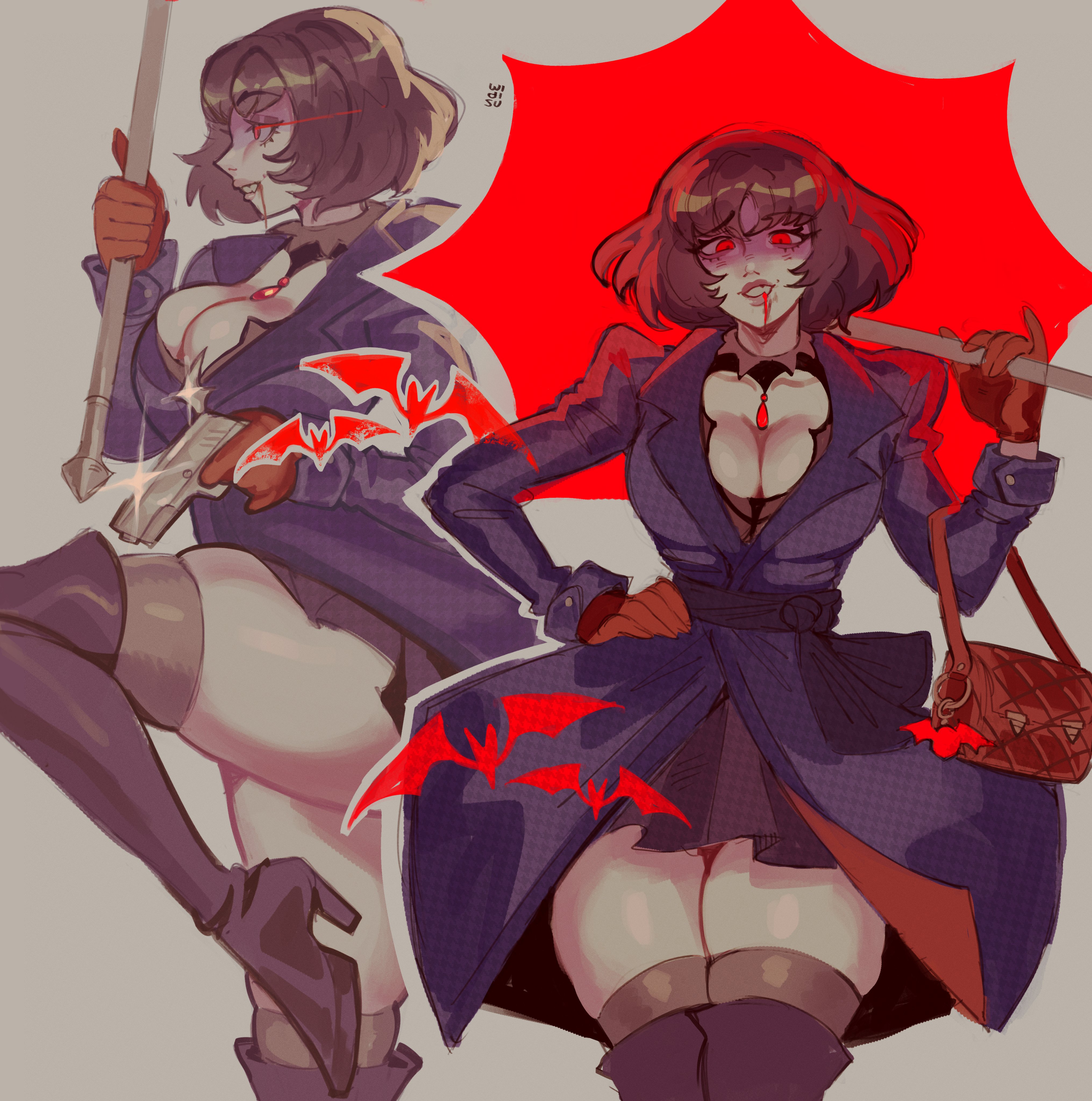 1girls, big breasts, big thighs, black hair, blood, breasts, cleavage, clothed, clothing, collar, deadlock, fangs, female, female only, gun, heels, high heels, hourglass figure, huge breasts, huge thighs, large breasts, large thighs, looking at viewer, mina (deadlock), mina ha, red eyes, short hair, skirt, slim waist, solo, solo female, standing, thick, thick thighs, thighhighs, thighs, thunder thighs, umbrella, valve, vampire, vampire girl, weapon, wide hips, widisu