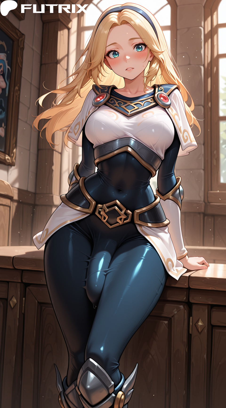 1futa, ai generated, big ass, big breasts, big dick, bulge, bulge through clothing, dick, dickgirl, erection, feet, futa only, futanari, futrix, hi res, highres, league of legends, luxanna crownguard, naked, nude, showing off, striptease, teasing, thick ass, thick thighs