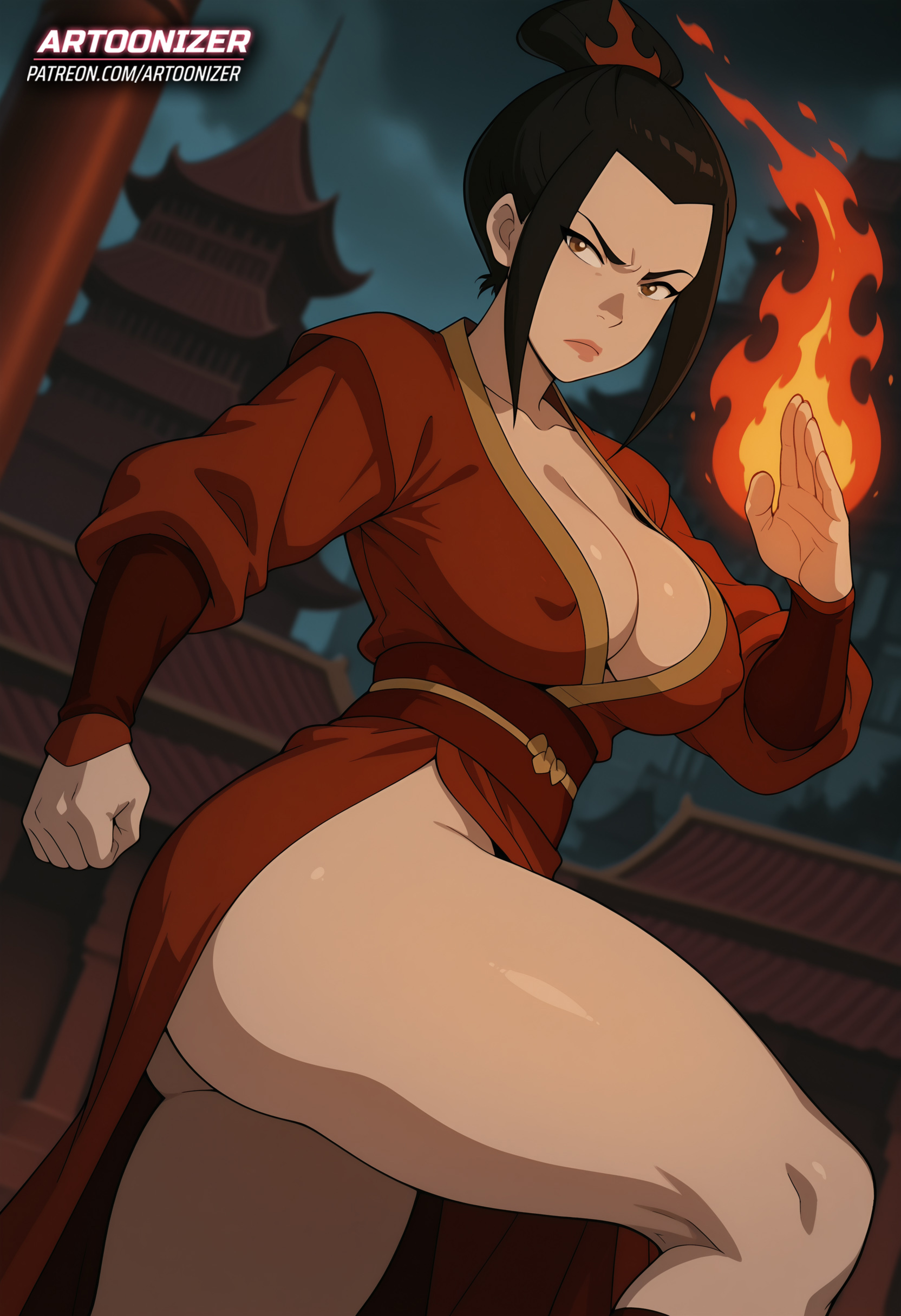 ai generated, artoonizer, ass, avatar legends, avatar the last airbender, azula, big ass, big breasts, black hair, breasts, brown eyes, dress, female, fire, hairbun, light skin, light-skinned female, nickelodeon, nipples visible through clothing, one leg up, patreon, patreon username, posing, red dress, red kimono, serious, serious look, solo, solo female, solo focus, standing, thick thighs, tied hair, traditional clothes, wide hips