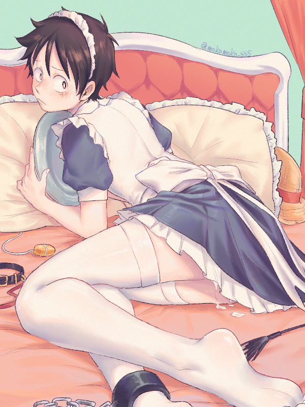 1boy, after anal, ass, bed, bedroom, brown hair, chains, collar, crossdressing, cum, cum drip, cum in ass, femboy, maid uniform, male, male only, mokomoko 555, monkey d luffy, nervous, one piece, short hair, sissy, skirt, socks, solo, submissive, submissive male, tagme, thigh highs, thighhighs, twink, vibrator
