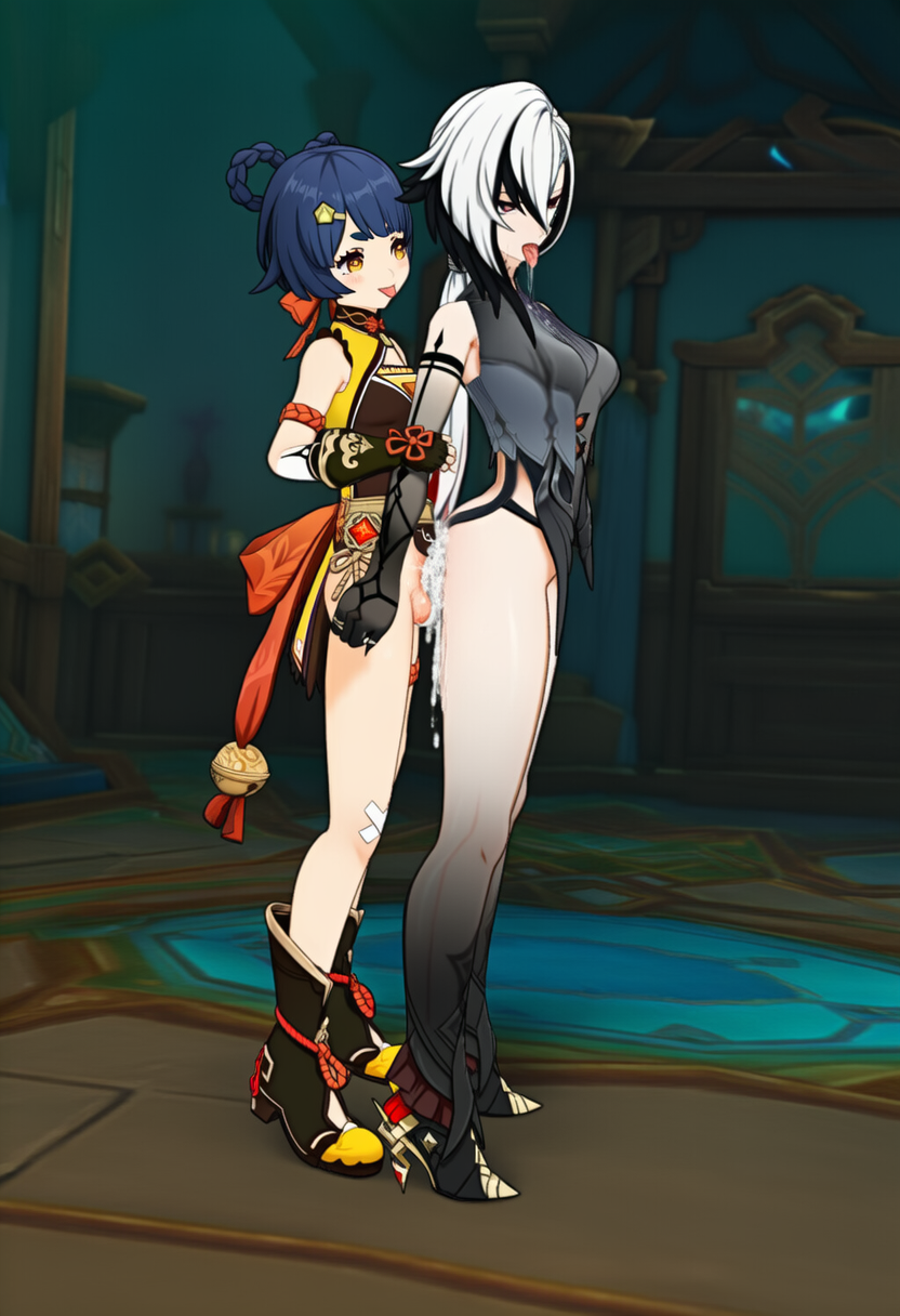 ahe_gao ahegao_face ai_generated arlecchino_(genshin_impact) arms_around_shoulders breasts breasts_out close-up cum_drip cum_inside cum_overflow cum_overflowing fucked_from_behind futa_on_female futa_with_female genshin_impact handjob holding_arm holding_arms open_clothes penis_inside penis_touching semen semen_on_body side_by_side smile smiley_face standing standing_sex tongue_out xiangling_(genshin_impact)