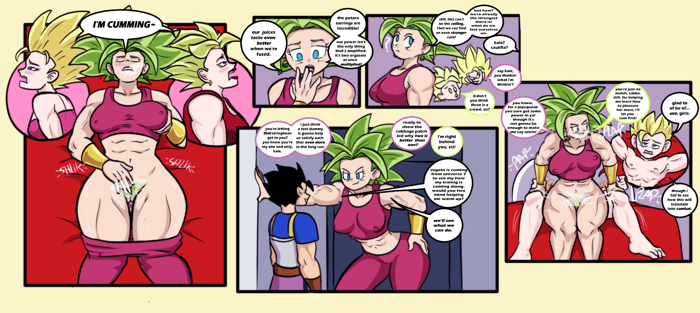 assertive female, bouncing breasts, bush, cabba, caulifla, comic, dragon ball, dragon ball super, female masturbation, femdom, fusion character, handcuffed to bed, hands on knees, instant loss, kale, kefla, kefla (dragon ball), licking cum, nipples visible through clothing, pants around legs, pants down, pussy juice, reverse cowgirl position, riding, riding penis, rubbing pussy, vigilante ink