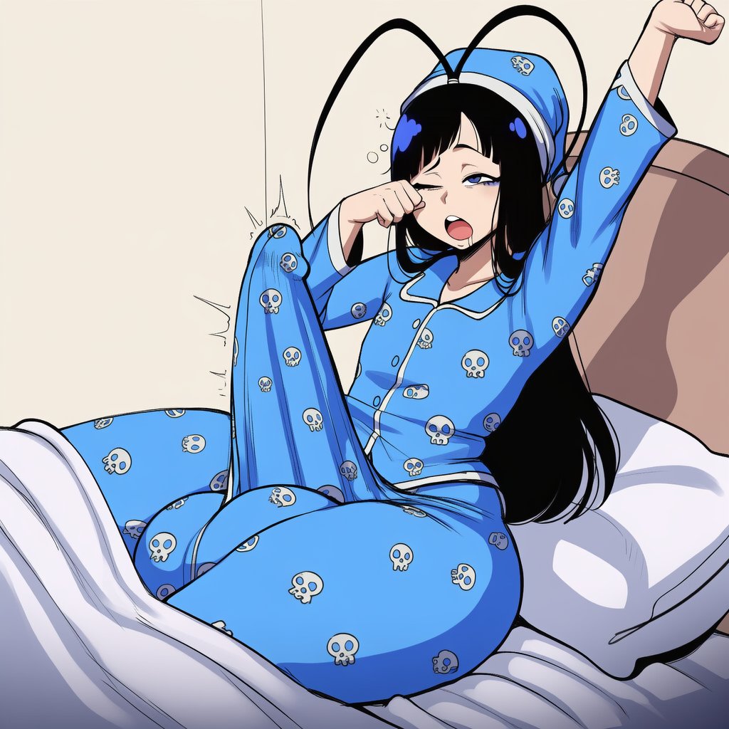 1futa, 2d, ai generated, antenna hair, ass, balls, bed, big ass, big balls, big butt, big cock, big penis, big testicles, black hair, bleach, blue eyes, blue pajamas, bulge, bulge through clothing, bulge under clothes, cock, covered penis, erection, erection under clothes, flat chest, flat chested, futa only, futanari, gigantic balls, gigantic testicles, gigigens, giselle gewelle, hat, huge balls, huge cock, huge testicles, large ass, large balls, large butt, large cock, large penis, large testicles, large thighs, long hair, massive balls, massive cock, massive penis, massive testicles, morning wood, nightcap, one eye closed, open mouth, pajamas, penis, penis bulge, pillow, sitting, sleepy, solo, solo futa, testicles, thick ass, thick butt, thick cock, thick penis, thick thighs, thighs, waking up, wide hips
