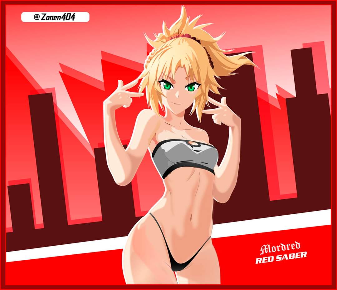 1girls, bandeau, bikini, blonde hair, fate (series), female, female only, green eyes, mordred (fate), solo, tagme, white body, zonen404