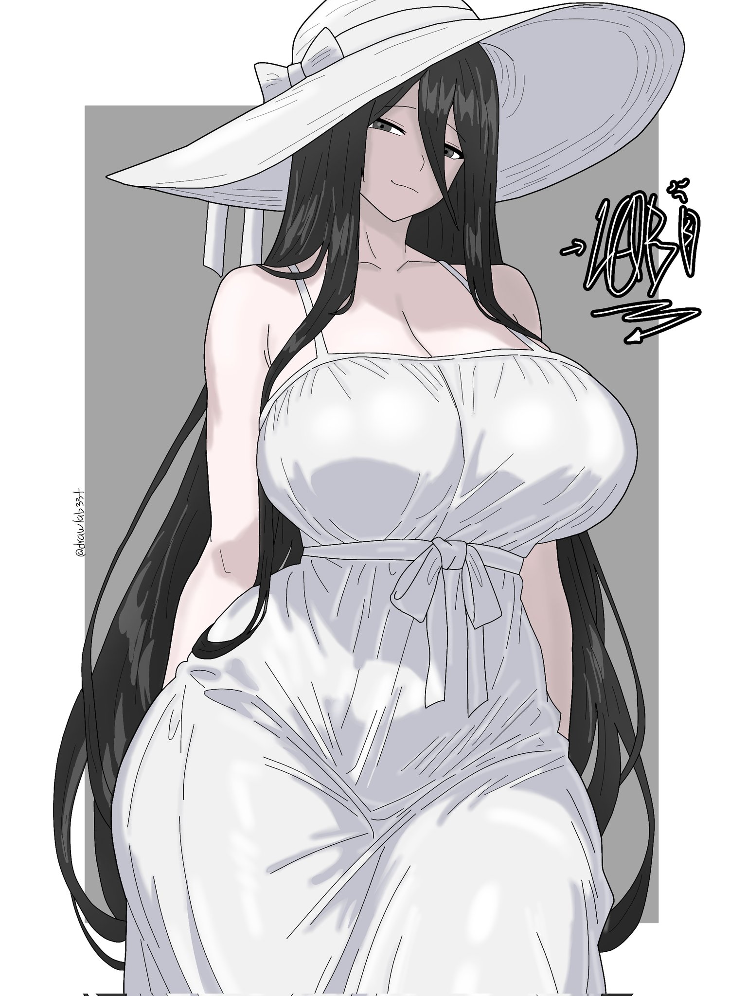 1girls, 2026, big breasts, black hair, breasts, clothed, clothing, color, colored, curvy, curvy figure, digital media (artwork), drawlab33t, female, female only, fully clothed, ghost girl, grey background, hair, hasshaku-sama, hat, hi res, huge breasts, japanese mythology, large breasts, light skin, light-skinned female, long hair, simple background, solo, tall female, thick thighs, thighs, white background