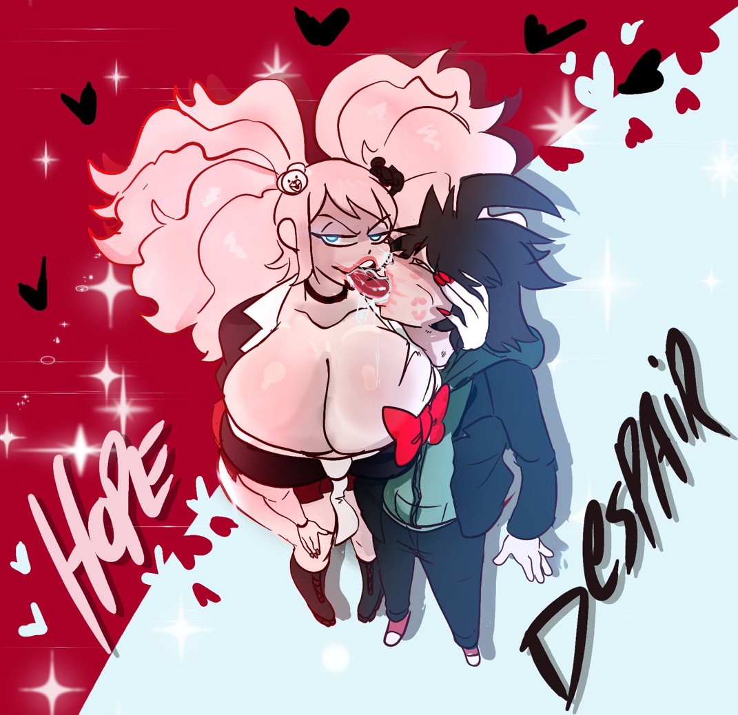 1boy, 1girls, bear hair ornament, blonde female, blonde hair, blue eyes, bow, brown hair, bulge, clothed, clothing, danganronpa, danganronpa: trigger happy havoc, extreme french kiss, female, french kiss, gyaru, hair ornament, hand behind head, hand on head, hands on head, heart, hetero, hoodie, huge breasts, junko enoshima, kiss, kiss marks, kissing, lemonadepikachu, lips, lipstick, long hair, long tongue, male, male/female, naegi makoto, nail polish, pale skin, pale-skinned female, pigtails, pink lips, red nail polish, red nails, saliva, short hair, sloppy, sloppy kiss, solo female, spike chunsoft, straight, tie, tongue, tongue kiss, tongue out, twin braids, twintails, wet tongue