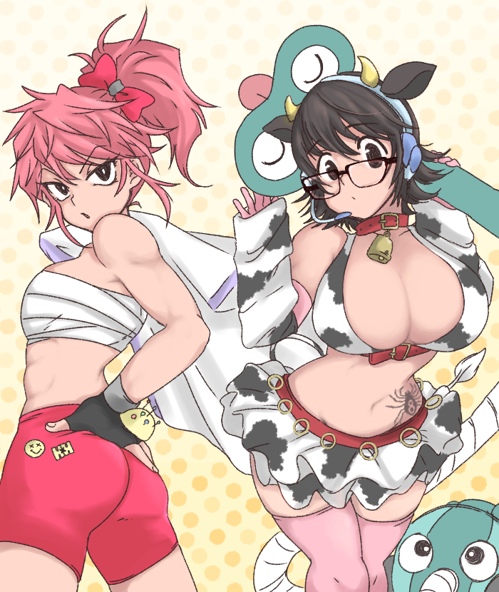 2girls ass big_breasts bike_shorts black_hair breasts cow_print female female_only hisame_(83164991) human hunter_x_hunter large_breasts machi_komacine multiple_girls oikawa_shizuku_(cosplay) pale-skinned_female pale_skin phantom_troupe pink_hair sarashi shizuku_murasaki short_hair shounen_jump simple_background small_breasts tattoo villainess