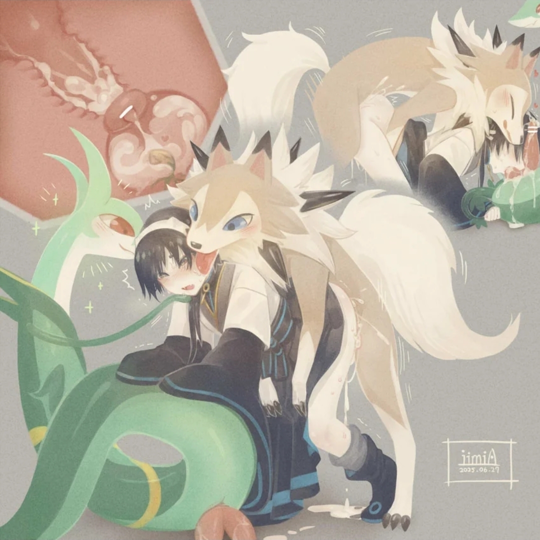 3boys, character request, cum, feral, generation 5 pokemon, generation 7 pokemon, iimia, interspecies, lycanroc, midday lycanroc, pokemon, pokemon (species), pokephilia, serperior, source request, zoophilia