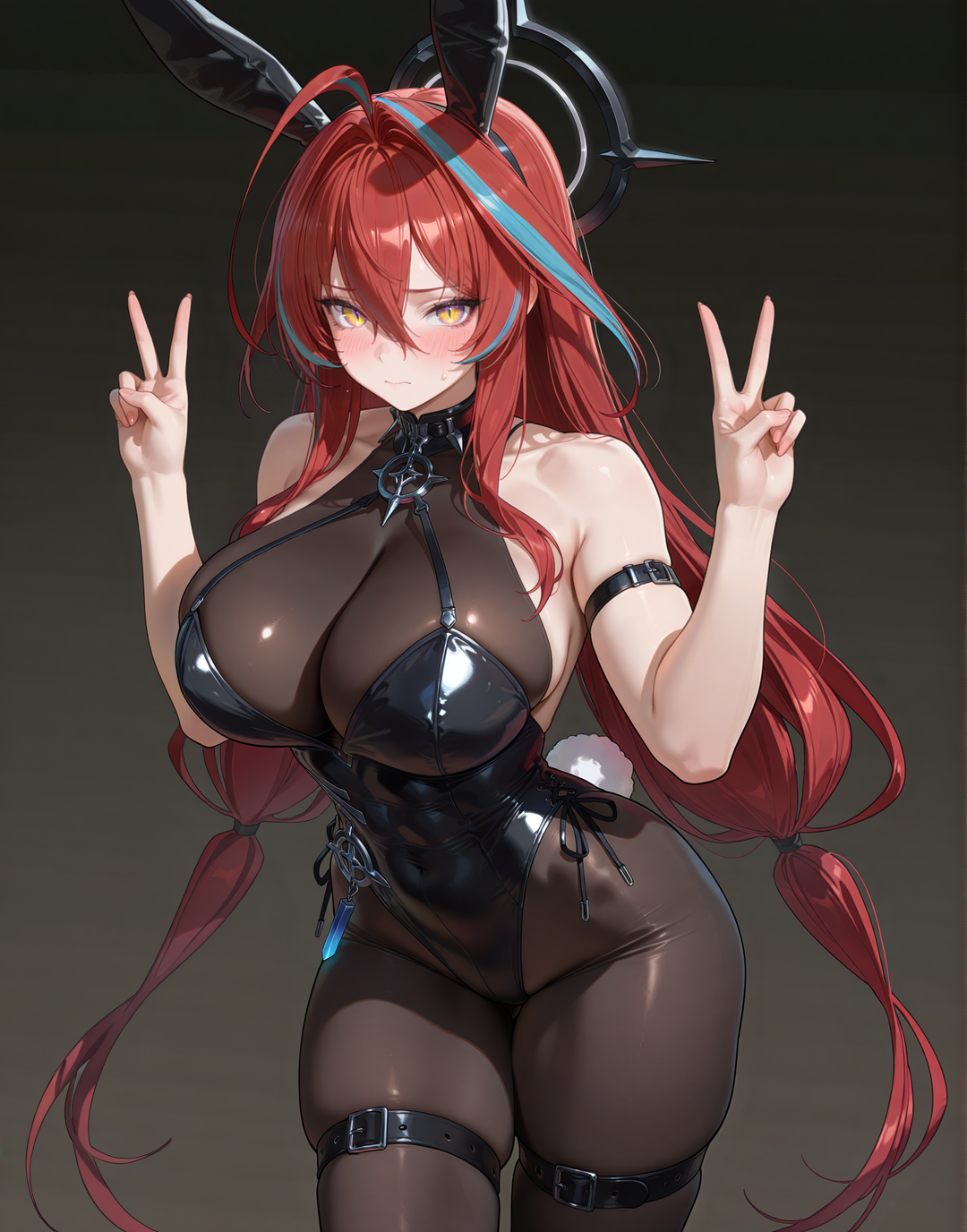 ahoge, ai assisted, ai generated, arknights, arknights: endfield, bare arms, bare shoulders, blush, bodysuit, bunny ears, bunnysuit, double v, embarrassed, ember (arknights: endfield), fit female, halo, huge ass, huge breasts, kao140522, looking at viewer, muscular female, red hair, wide hips, yellow eyes