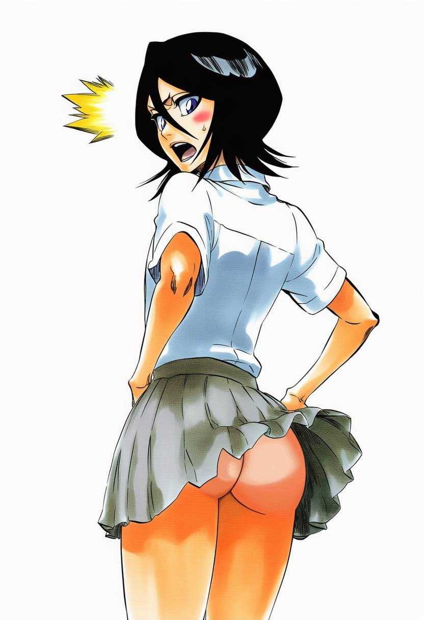 1girls ^^^ accurate_art_style accurate_body_type ai-created ai_art ai_generated ass ass_focus backview bare_ass bare_thighs black_hair bleach blush cel_shading clothed clothes_lift clothing cowboy_shot embarrassed female female_focus female_only flat_chest foreshortening from_below frown full_color gnomro grey_skirt hair_between_eyes hand_on_hip high_quality highres innie_pussy kuchiki_rukia large_filesize light-skinned_female light_skin line_art looking_at_viewer looking_back manga_style narrow_waist no_panties open_mouth petite pinup pleated_skirt pocket pose pov purple_eyes pussy red_bow school_uniform shiny_hair shiny_skin shirt short_hair short_sleeves simple_background skirt skirt_lift skirt_pull skirt_up slender_waist slim_waist smooth_skin solo solo_female solo_focus standing surprised sweatdrop thighs three-quarter_view tite_kubo_style uniform upskirt v-shaped_eyebrows vagina warm_colors white_background white_shirt wind wind_lift