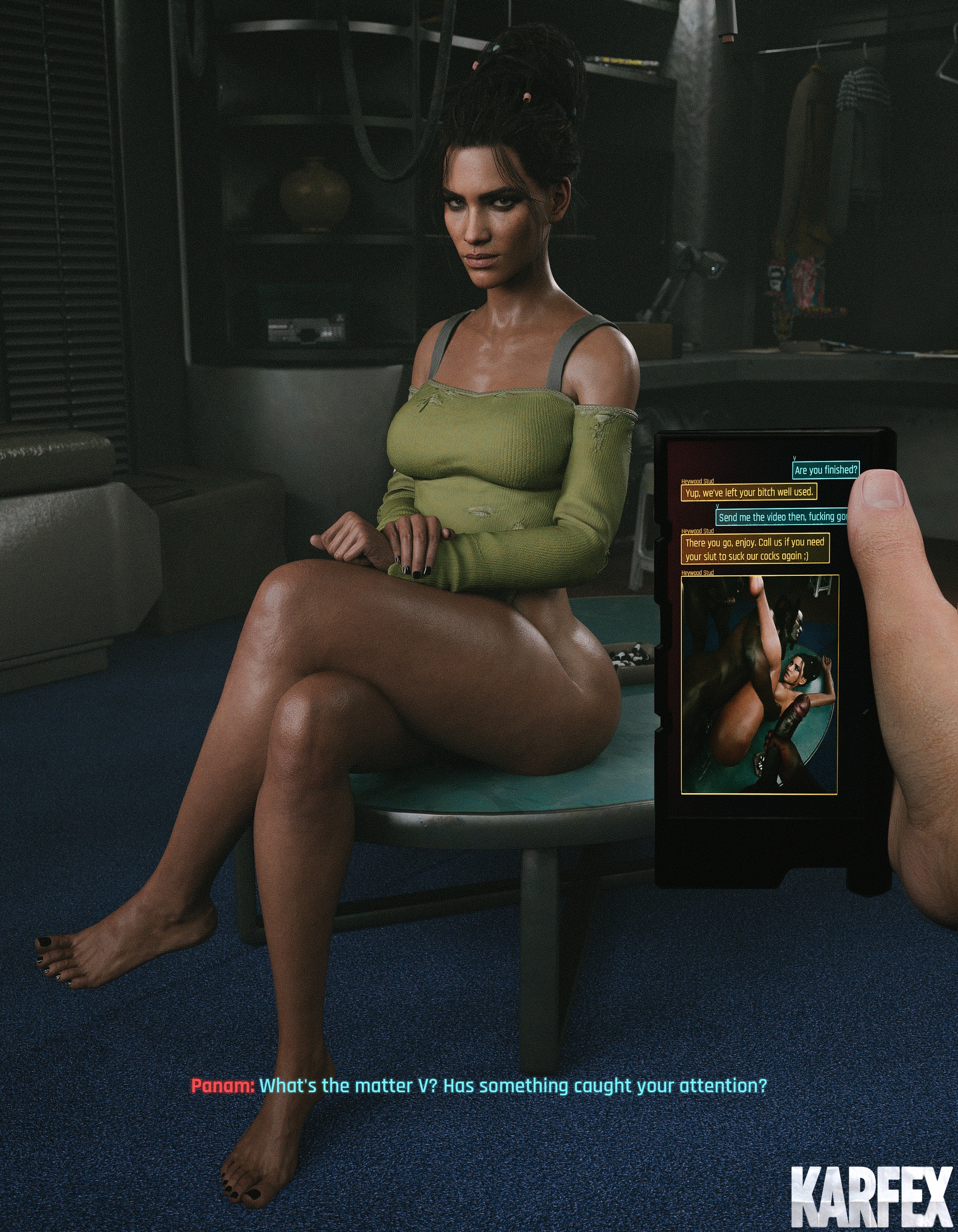 3d, afro-native, ass, barefoot, big ass, big penis, black hair, brown eyes, caption, cd projekt red, cellphone, cheating, cheating (relationship), cheating girlfriend, cock, completely nude, cuckold, cuckold pov, cuckolding, curvaceous, curvy, curvy figure, cyberpunk, cyberpunk 2077, dark skin, dark-skinned female, dark-skinned male, duo, english, english dialogue, english text, eyebrow slit, eyelashes, feet, female, female penetrated, foursome, group, group sex, huge cock, interracial, juxtaposition, karfex, leotard, long hair, looking at partner, looking at viewer, makeup, male, male penetrating, male penetrating female, male pov, male/female, mascara, masturbation, mmmf foursome, multiple boys, multiple males, naked, netorase, nude female, nude male, painted nails, painted toenails, pale skin, pale-skinned male, panam palmer, penis, photo comparison, photographic proof, ponytail, pov, pov eye contact, pussy, realistic, running a train, talking, talking to viewer, tan-skinned female, text, tied hair, toes, v (cyberpunk 2077), vaginal penetration, vaginal sex, very high resolution, vincent (cyberpunk 2077), waiting, waiting for turn, watching, watching sex, wide hips