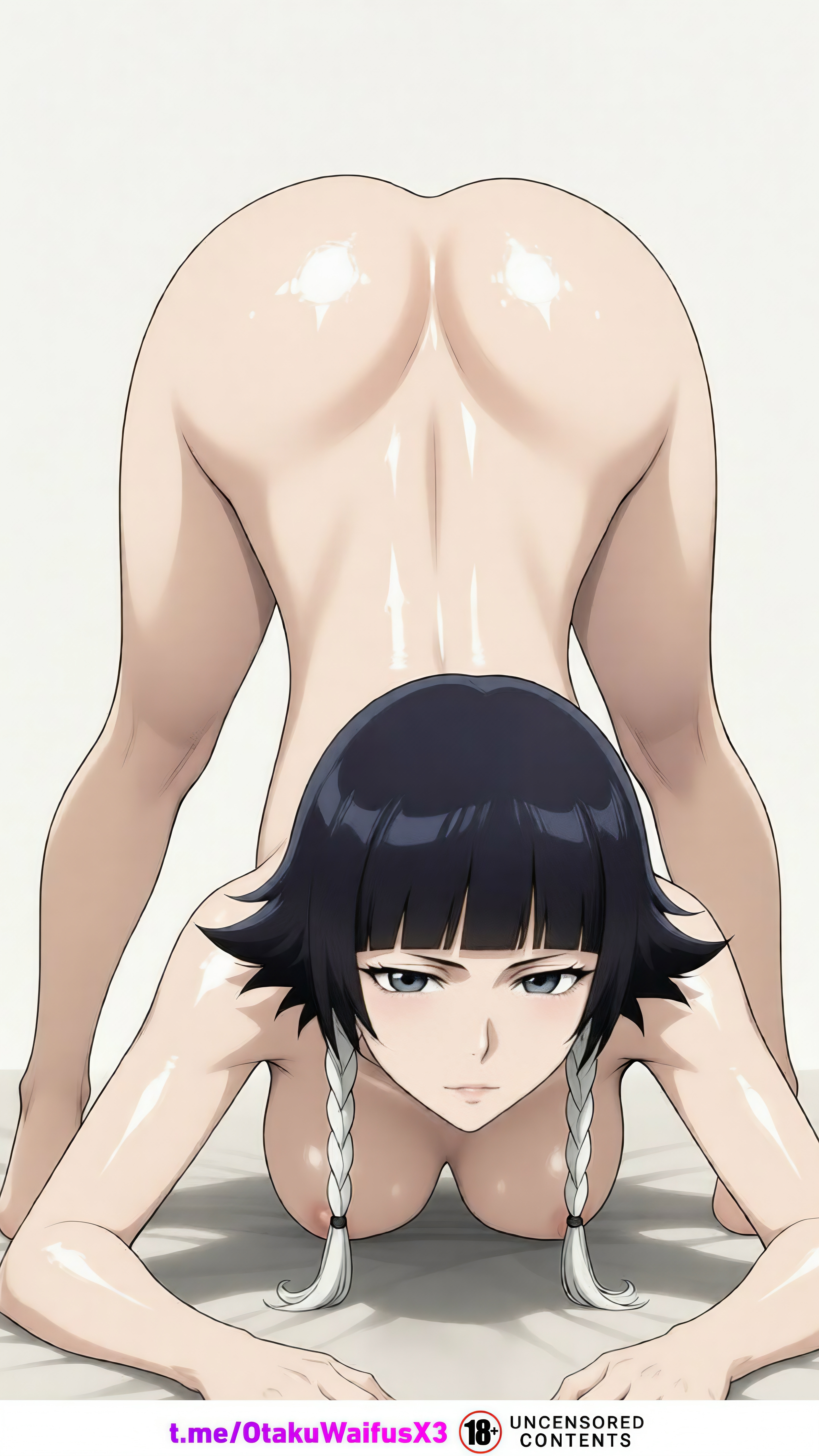 1girls, ai generated, ass, beautiful girl, black hair, bleach, bleach: the thousand-year blood war, blonde hair, breasts, female, grey eyes, hot, hot ass, oily, oily body, oily breasts, sexy body, sexy female, sexy pose, soifon, sui-feng, sweat