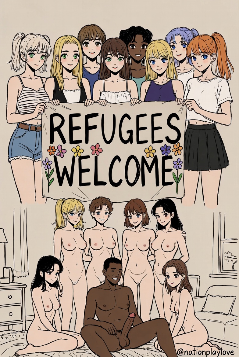 1boy, ai generated, big penis, dark skin, dark-skinned male, english text, female, interracial, male, multiple girls, nationplaylove, refugees welcome, sketch, text