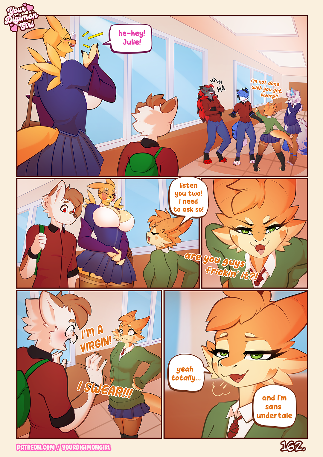1boy, 2girls, bandai namco, blue eyes, canid, canine, canis, clothing, comic, dialogue, digi (yourdigimongirl), digimon, digimon (species), digital media (artwork), domestic dog, english text, eyewear, female, fur, glasses, green eyes, hi res, julie (yourdigimongirl), kobold, leo (yourdigimongirl), mammal, mane, orange body, orange fur, reference to character, renamon, sans, sans (undertale), scalie, school uniform, size difference, sweater, text, topwear, uniform, url, yellow body, yellow fur, yourdigimongirl