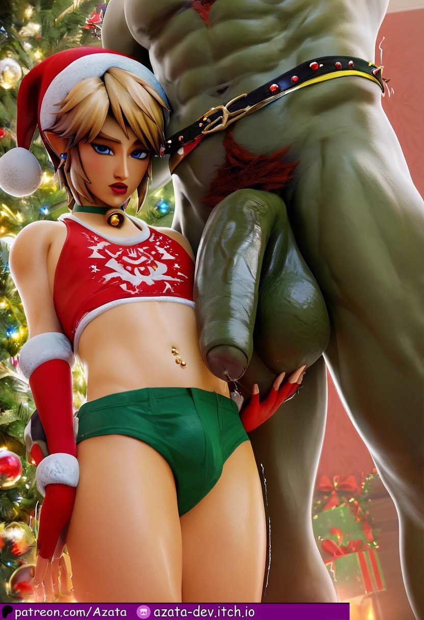 1boy, 1femboy, absurdly large cock, ai generated, anal plug, anus focus, azataai, breath of the wild, christmas, christmas outfit, cum, cum leaking out of anus, dark-skinned male, elf ears, elf male, erect nipples, erection, femboy, foreskin, gay, in love with viewer, link, male, male focus, male only, nipples, open mouth, pale-skinned femboy, penis, shy, solo, solo focus, solo male, the legend of zelda, twink, uncensored, uncircumcised, uncircumcised futa