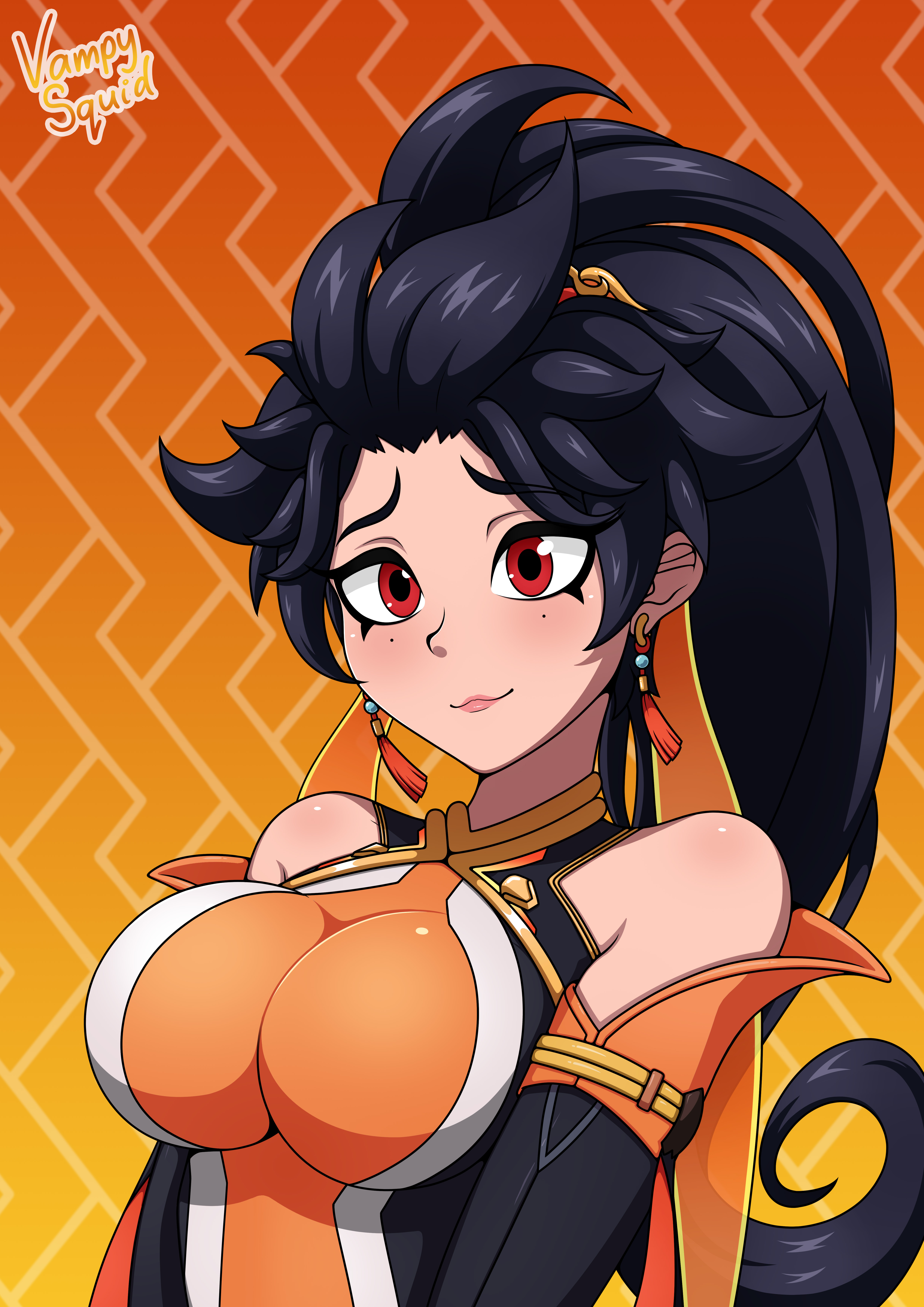 1girls, 2d, anran, black hair, breasts, chinese clothes, clothed, clothed female, earrings, female, female focus, female only, overwatch, overwatch 2, phoenix, ponytail, red eyes, solo, solo female, upper body, vampy squid