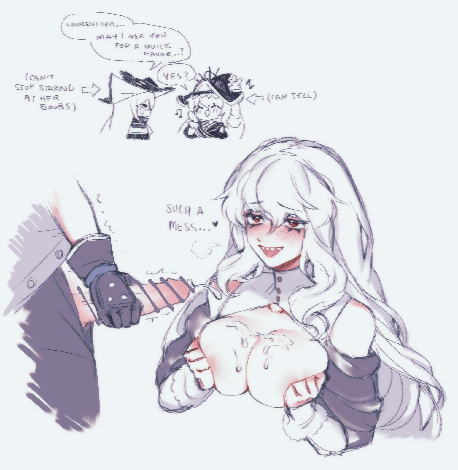 2girls, arknights, black gloves, breasts, commentary, cum, cum on body, ejaculation, english commentary, futa with female, futanari, futanari masturbation, gloves, grey hair, highres, large breasts, long hair, masturbation, mixed-language commentary, multiple girls, open mouth, orz (kagewaka), penis, red eyes, sharp teeth, simple background, skadi (arknights), specter (arknights), teeth, white background