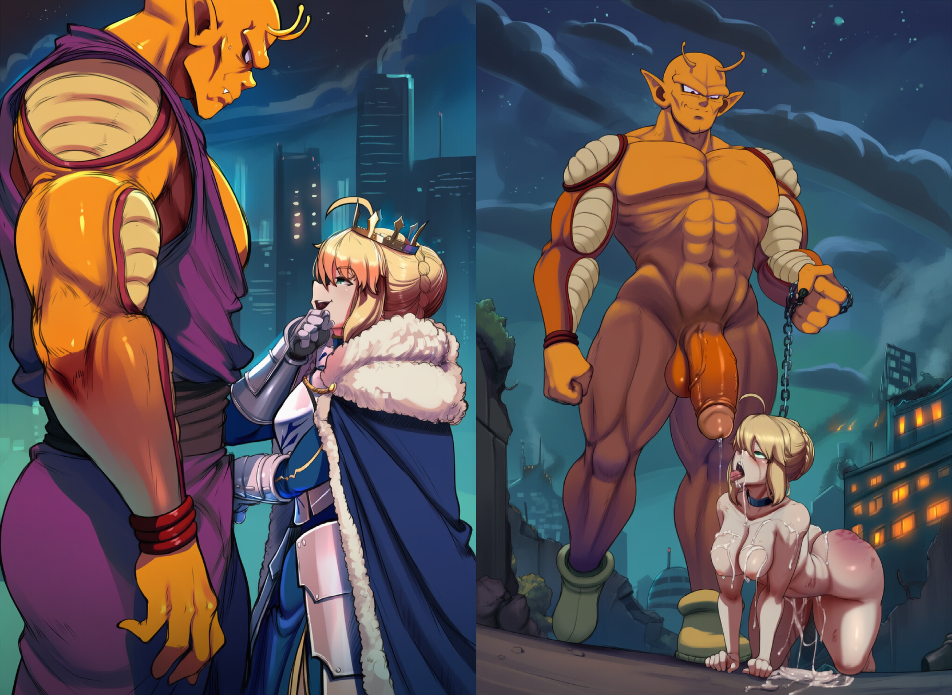 ai generated, anthro, artoria pendragon, ass, before and after, breasts, chain leash, chained, chained up, crossover, defeated, defeated heroine, defeated with sex, dominant female, dominant male, dragon ball, duo, fate (series), fate/grand order, fate/stay night, fate/zero, female, instant loss 2koma, male, maledom, naked, penis, piccolo, saber, size difference, smug, smug face