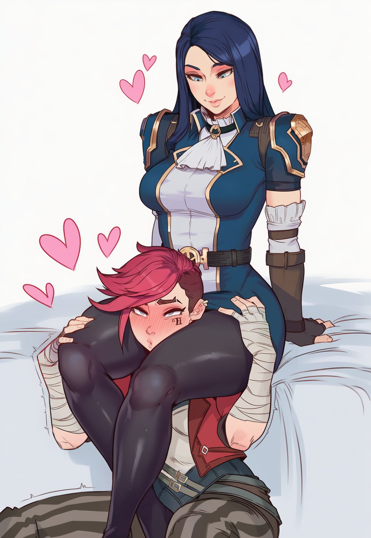 2girls, ai generated, arcane, arcane caitlyn, arcane vi, asphyxiation, ass, black hair, blue eyes, brinkai, caitlyn kiramman, child bearing hips, curvaceous, curvaceous ass, curvaceous body, curvaceous female, curvaceous figure, curvaceous hips, curvaceous thighs, curvy, curvy body, curvy female, curvy figure, curvy hips, curvy thighs, female, female focus, female only, femdom, full-face blush, fully clothed, heart, league of legends, leg lock, pink hair, riot games, simple background, sitting, thick, thick hips, thick legs, thick lips, thick thighs, thighs, vi, vi (league of legends), waifu, yuri