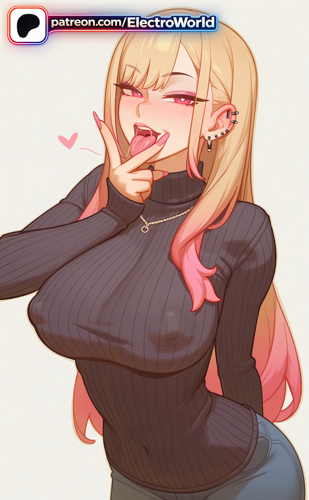 1girls, 2026, ai generated, artist name, blonde hair, blush, breasts, bust, chest, covered nipples, ear piercing, earrings, electroworld, fellatio gesture, female, heart, hi res, high quality, high resolution, highres, jewelry, kitagawa marin, long hair, nail polish, patreon, patreon username, piercing, pink nails, ribbed sweater, solo, sono bisque doll wa koi wo suru, stable diffusion, sweater, tongue, tongue out, tongue piercing, watermark