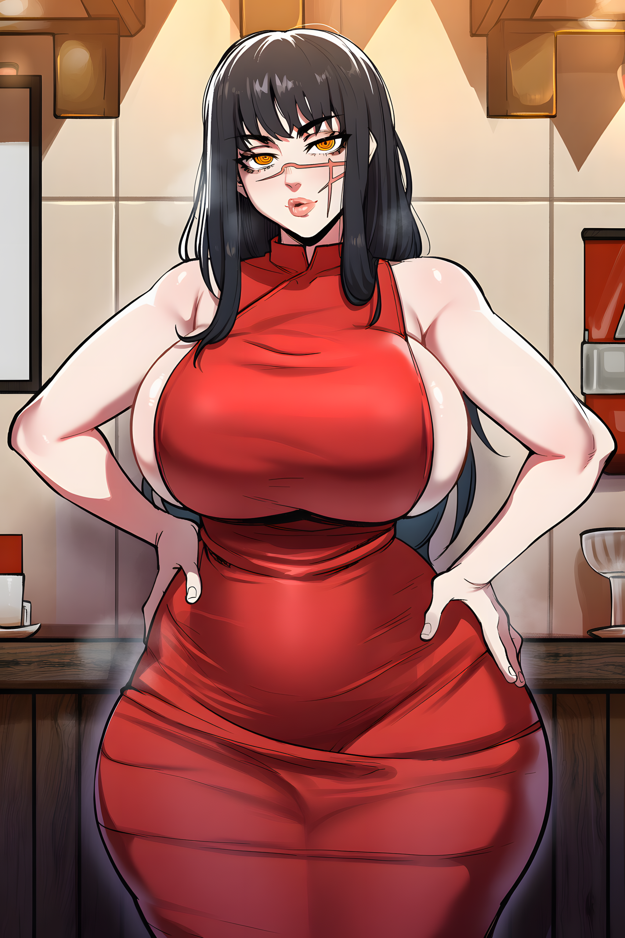 1girls, ai generated, big ass, big breasts, big butt, black hair, bubble butt, chainsaw man, curvaceous, curvaceous female, curvaceous figure, curvy, curvy female, curvy figure, dress, female, female only, hands on hips, huge ass, large ass, large breasts, light skin, light-skinned female, looking at viewer, narrow waist, scar, sideboob, soujii, thick ass, thick hips, thick thighs, wide hips, yoru (chainsaw man)