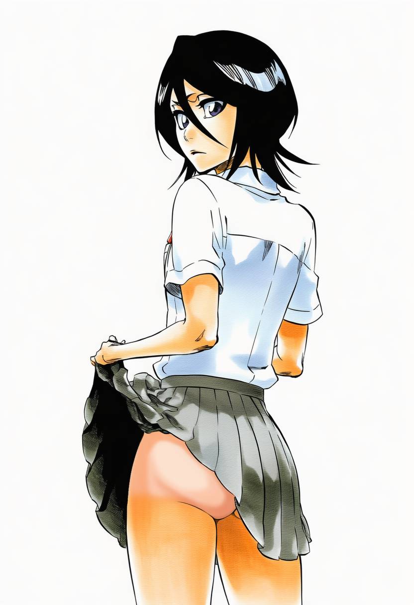 1girls accurate_art_style accurate_body_type ai-created ai_art ai_generated ass ass_focus backview bare_ass bare_thighs black_hair bleach blush cel_shading clothed clothes_lift clothing cowboy_shot embarrassed female female_focus female_only flat_chest frown full_color gnomro grey_skirt hair_between_eyes high_quality highres kuchiki_rukia large_filesize lifted_by_self light-skinned_female light_skin line_art looking_at_viewer looking_back manga_style narrow_waist no_panties petite pinup pleated_skirt pose pov purple_eyes school_uniform shiny_hair shiny_skin shirt short_hair short_sleeves simple_background skirt skirt_lift skirt_pull skirt_up slender_waist slim_waist smooth_skin solo solo_female solo_focus standing sweatdrop thighs tite_kubo_style uniform upskirt v-shaped_eyebrows warm_colors white_background white_shirt