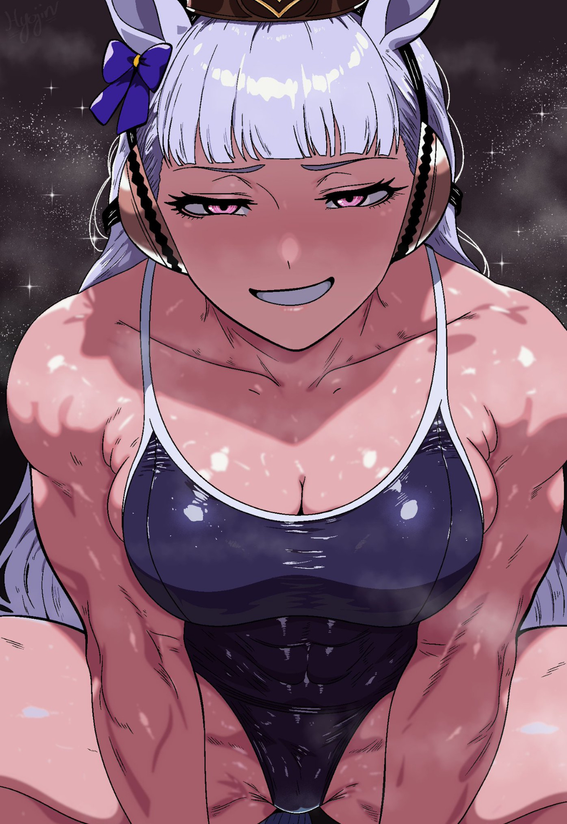 abs, abs visible through clothing, athletic female, big breasts, big thighs, buff, buff female, cleavage, cute, cute face, cute female, female, female focus, female only, gold ship (umamusume), horse, horse ears, horse girl, horse tail, hyojin en, long hair, looking at viewer, muscles, muscular, muscular arms, muscular female, muscular thighs, pink eyes, pussy peek, sexy, sexy body, silver hair, solo, solo focus, strong female, swimsuit, thick thighs, umamusume, umamusume pretty derby