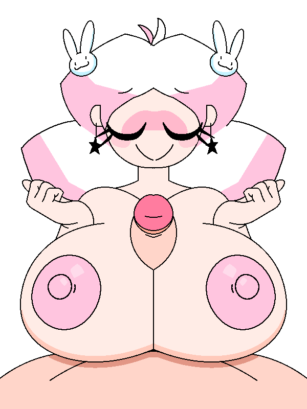 1boy, 1girls, abbie (mindwave), animated, anonymous male, areola, areolae, bandit.x0, beat banger, big breasts, big penis, black pupils, blinking, boobjob, breasts, bunny hair ornament, hair ornament, light pink nipples, light-skinned female, light-skinned male, looking at viewer, mindwave, paizuri, penis, smile, smiling, smiling at viewer, transparent background, white eyes, white hair, zoologist beat banger