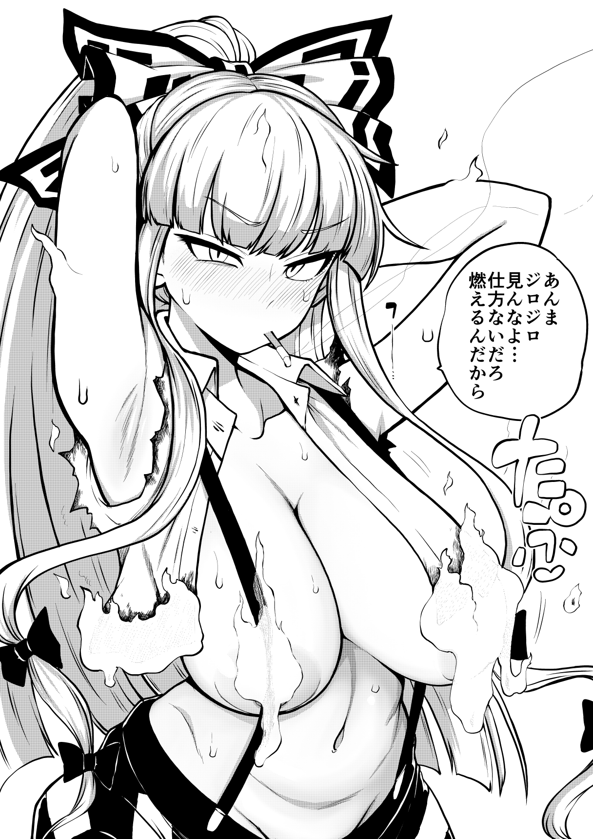 1girls, after fight, areola slip, areolae, armpits, arms behind head, belly, belly button, big breasts, blush, blushing at viewer, breasts, burning clothes, burnt clothes, cigarette, cleavage, convenient censoring, female focus, fire, fujiwara no mokou, hair ribbon, hairbow, highres, himajin noizu, huge breasts, large areolae, large breasts, long hair, looking at viewer, monochrome, ponytail, smoking, speech bubble, suspenders, sweat, sweating, sweaty body, torn clothes, touhou, translation request, wardrobe malfunction, white hair