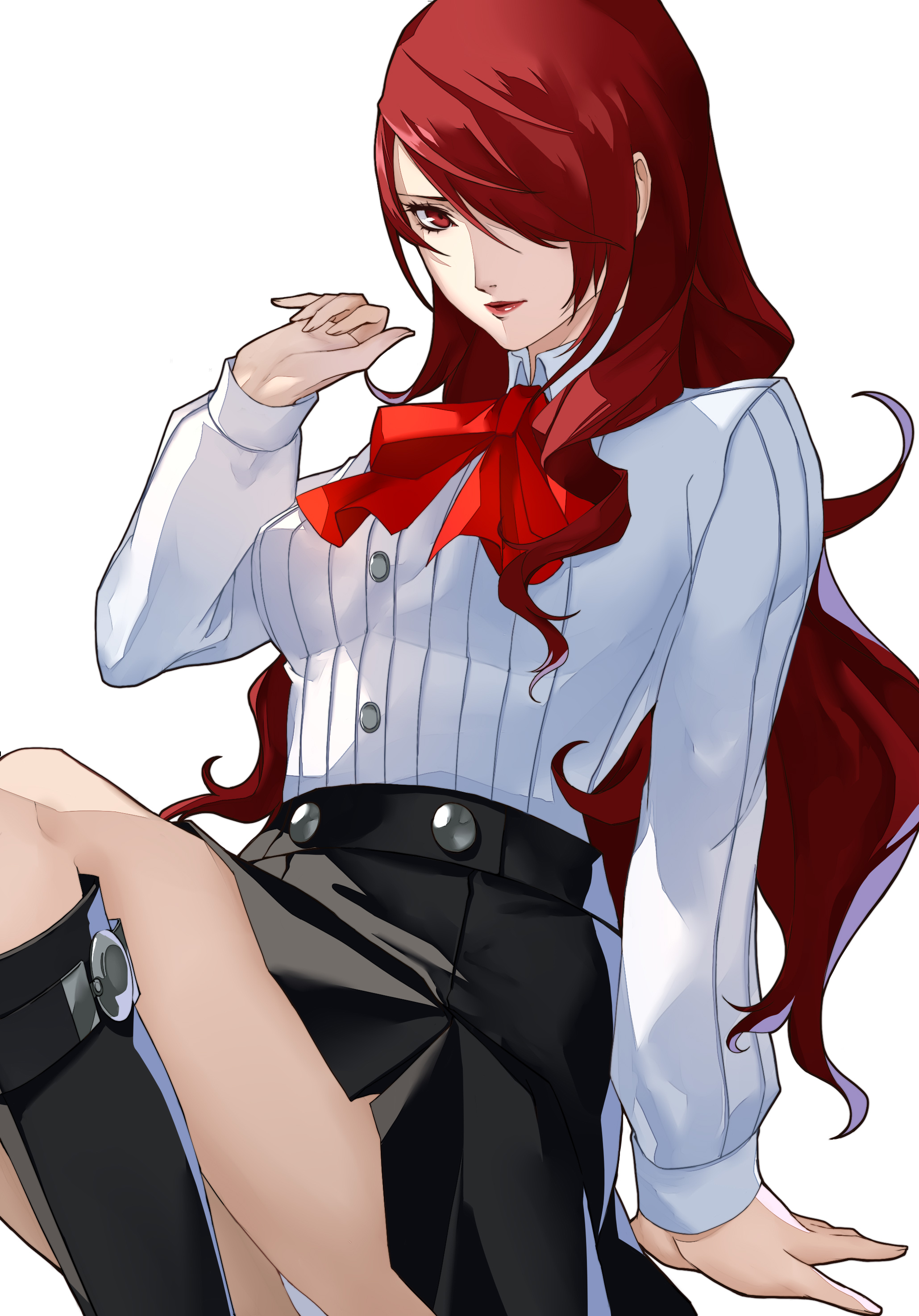 1girls, arm behind back, arm up, bangs, black boots, black skirt, boots, bow, breasts, calm, clothing, collared shirt, dress shirt, female, female only, hair over one eye, kirijou mitsuru, legs, long hair, looking at viewer, lvvlilvvl, medium breasts, mitsuru kirijo, panties, parted bangs, persona, persona 3, pertex 777, pleated shirt, red bow, red eyes, red hair, school uniform, schoolgirl, sitting, skirt, solo, student council president, thighs, upskirt, white background, white panties