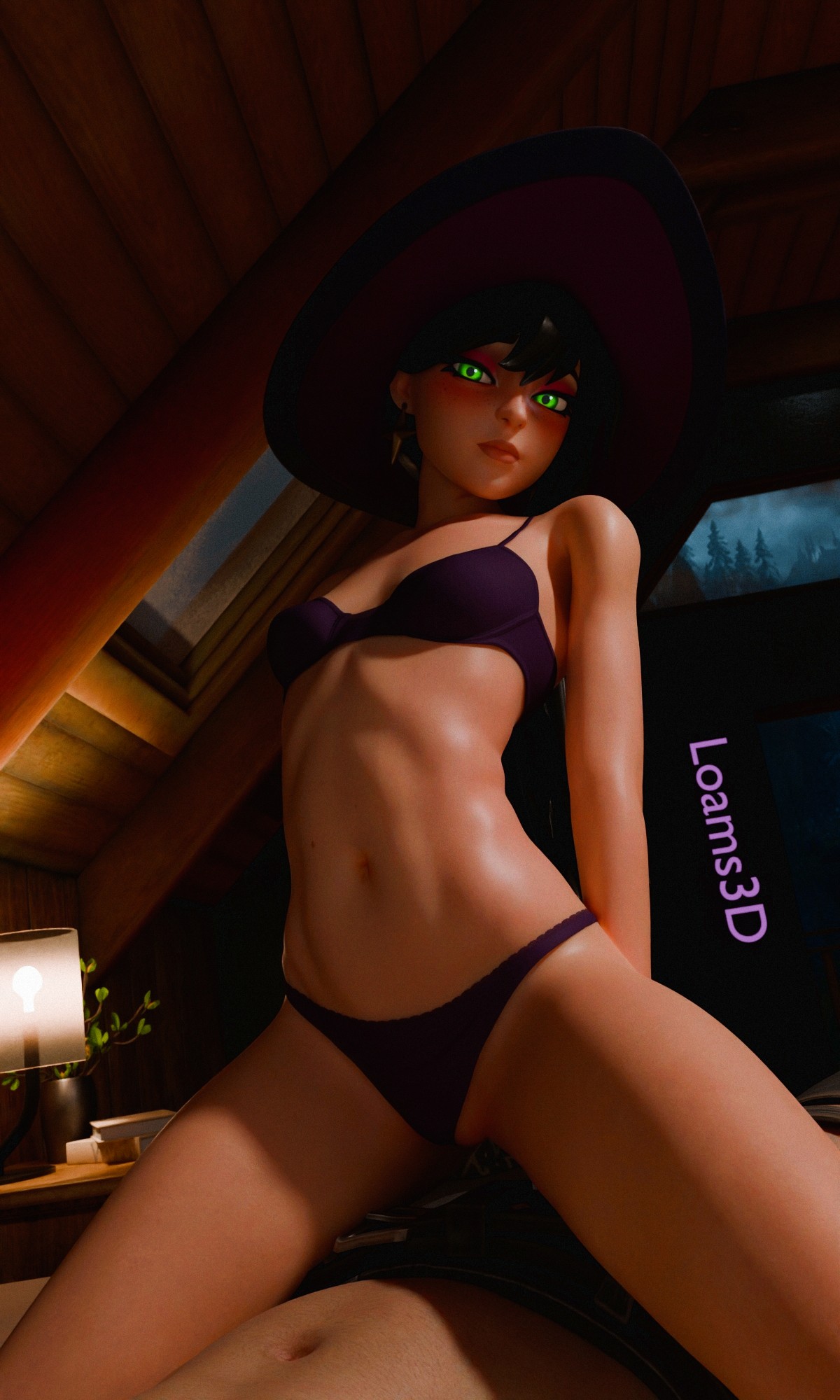 1boy, 1boy1girl, 1girls, 2026, 3d, 3d (artwork), bed, bed sheet, bedroom, blender, boxers, boxers (clothing), bra, cleavage, detailed background, epic games, eye contact, female, female on top, female torso, fortnite, fortnite: battle royale, freckles, freckles on face, green eyes, hat, headwear, helsie (fortnite), helsie midnight (fortnite), hi res, high quality, high resolution, highres, light skin, light-skinned female, light-skinned male, loams3d, long hair, looking at viewer, male pov, on bed, panties, pov, pov eye contact, pov male, purple bra, purple panties, seductive, seductive eyes, seductive look, seductive pose, underwear, watermark