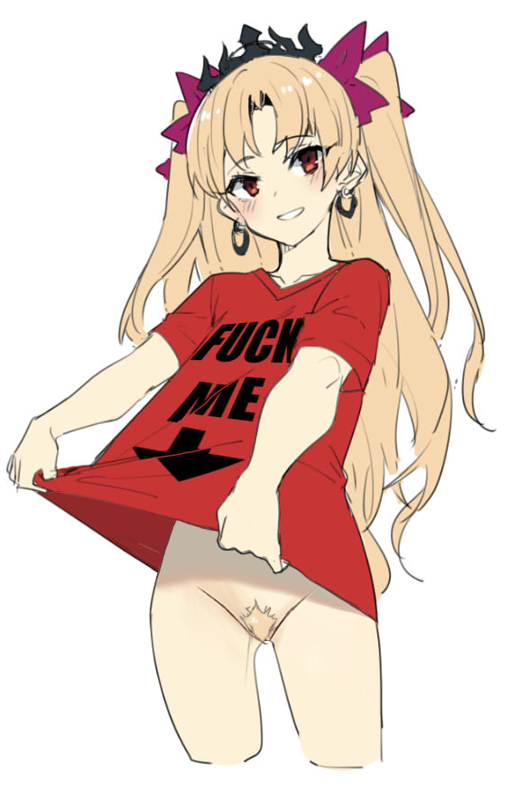 blonde_hair blonde_pubic_hair blush earrings ereshkigal_(fate) fate/grand_order fate_(series) fuck-me_shirt holding_shirt long_hair nimji no_panties orange_eyes parted_bangs parted_lips presenting presenting_pussy print_shirt pubic_hair red_shirt ribbon short_sleeves smile t-shirt third-party_edit tiara twintails wulazula