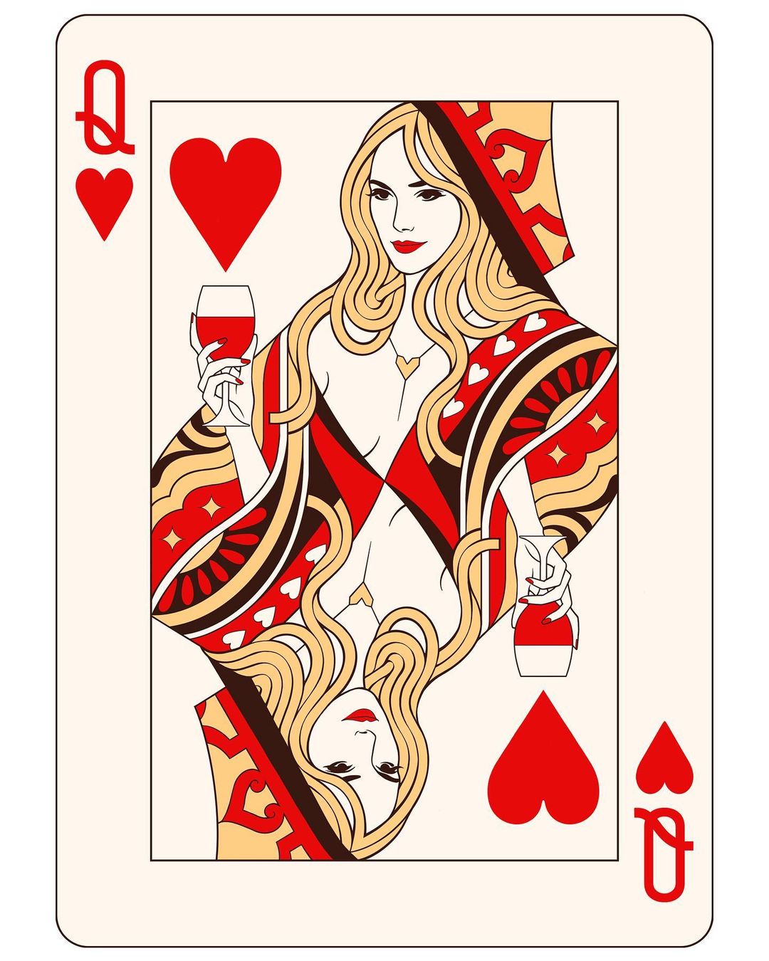 1girls art blonde_hair breasts card_(medium) crown female flat_colors lipstick mahdieh_farhad playing_card playing_card_theme plunging_neckline queen queen_of_hearts queen_of_hearts_(playing_card) red_lipstick solo wine wine_glass