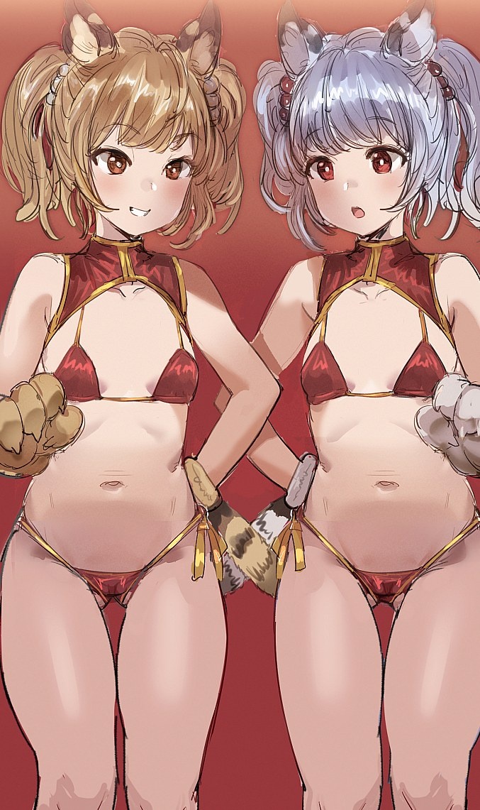 2girls animal_ears animal_hands arm_behind_back bai_(granblue_fantasy) bangs bikini blonde_hair blush bow_(bhp) breasts brown_eyes cidala_(granblue_fantasy) collarbone erune eyebrows_visible_through_hair female gloves granblue_fantasy grin huang_(granblue_fantasy) multiple_girls navel open_mouth paw_gloves paws red_background red_bikini red_eyes short_hair siblings side-tie_bikini silver_hair simple_background sisters small_breasts smile swimsuit tail twins