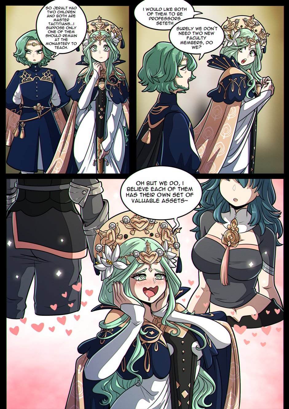 2020 2boys 2girls ass bisexual breasts byleth_(fire_emblem) byleth_(fire_emblem)_(female) byleth_(fire_emblem)_(male) comic daydream dialogue english_text fantasizing fire_emblem fire_emblem:_three_houses heart-shaped_pupils kinkymation medium_hair nintendo rhea_(fire_emblem) seteth_(fire_emblem) speech_bubble teal_hair text