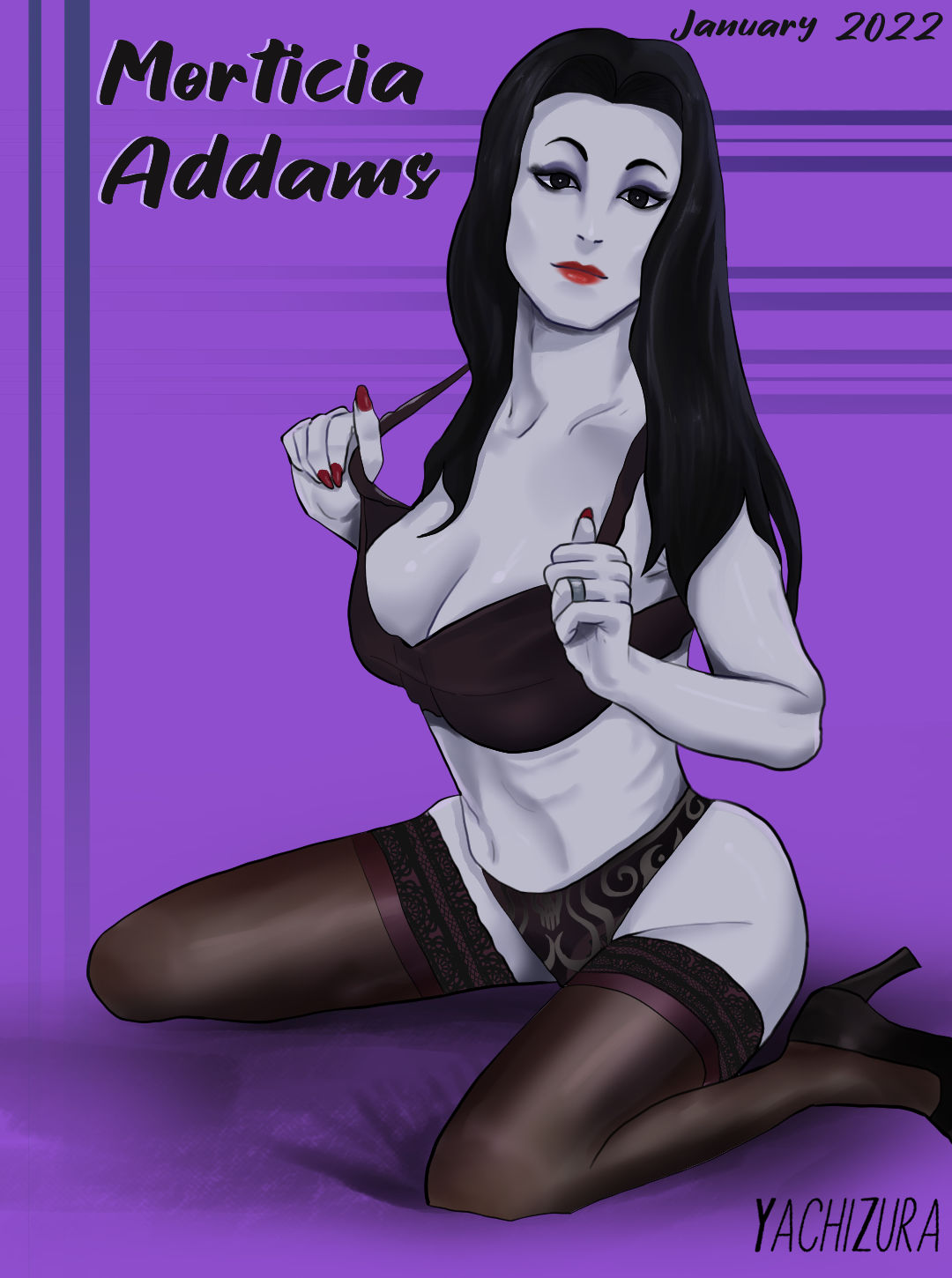 1girls black_hair black_shoes bra goth high_heels lingerie makeup milf morticia_addams mother pale_skin panties pinup red_lipstick red_nails signature staring_at_viewer the_addams_family the_addams_family_(1964) tights watermark yachizura