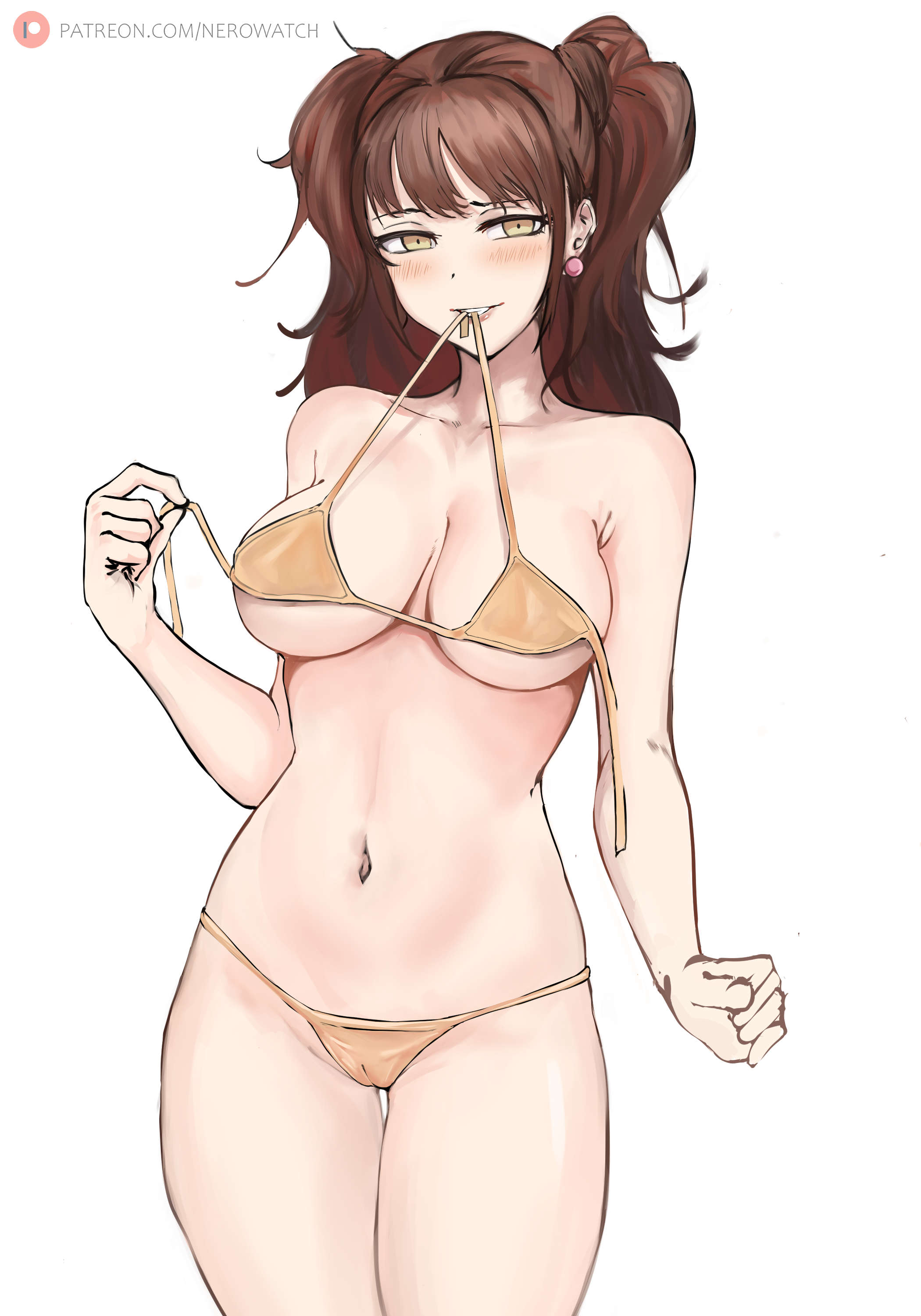 1girls, bare shoulders, belly, belly button, big breasts, bikini, breasts, brown hair, cameltoe, earrings, female, kujikawa rise, long hair, nero watch, persona, persona 4, pigtails, pussy, shadow self (persona), solo, string bikini, string in mouth, swimsuit, thighs, twintails, yellow bikini, yellow eyes