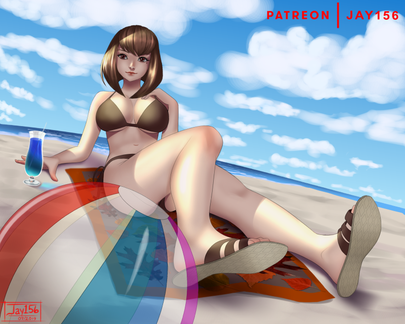 1girls 2022 alternate_skin_color amber_(rwby) beach beach_ball beach_towel beauty_mark big_breasts bikini breasts brown_eyes brown_hair feet female female_only jay156 rwby short_hair swimsuit swimwear