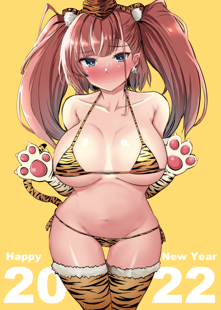 2022 animal_ears animal_hands animal_print atlanta_(kantai_collection) background_text bikini blush breasts brown_hair chinese_zodiac cowboy_shot female fur-trimmed_legwear fur_trim garrison_cap gin'ichi_(akacia) gloves grey_eyes hat kantai_collection large_breasts long_hair micro_bikini new_year nose_blush paw_gloves side-tie_bikini solo standing swimsuit tail thighhighs tiger_ears tiger_print tiger_tail two_side_up year_of_the_tiger yellow_background